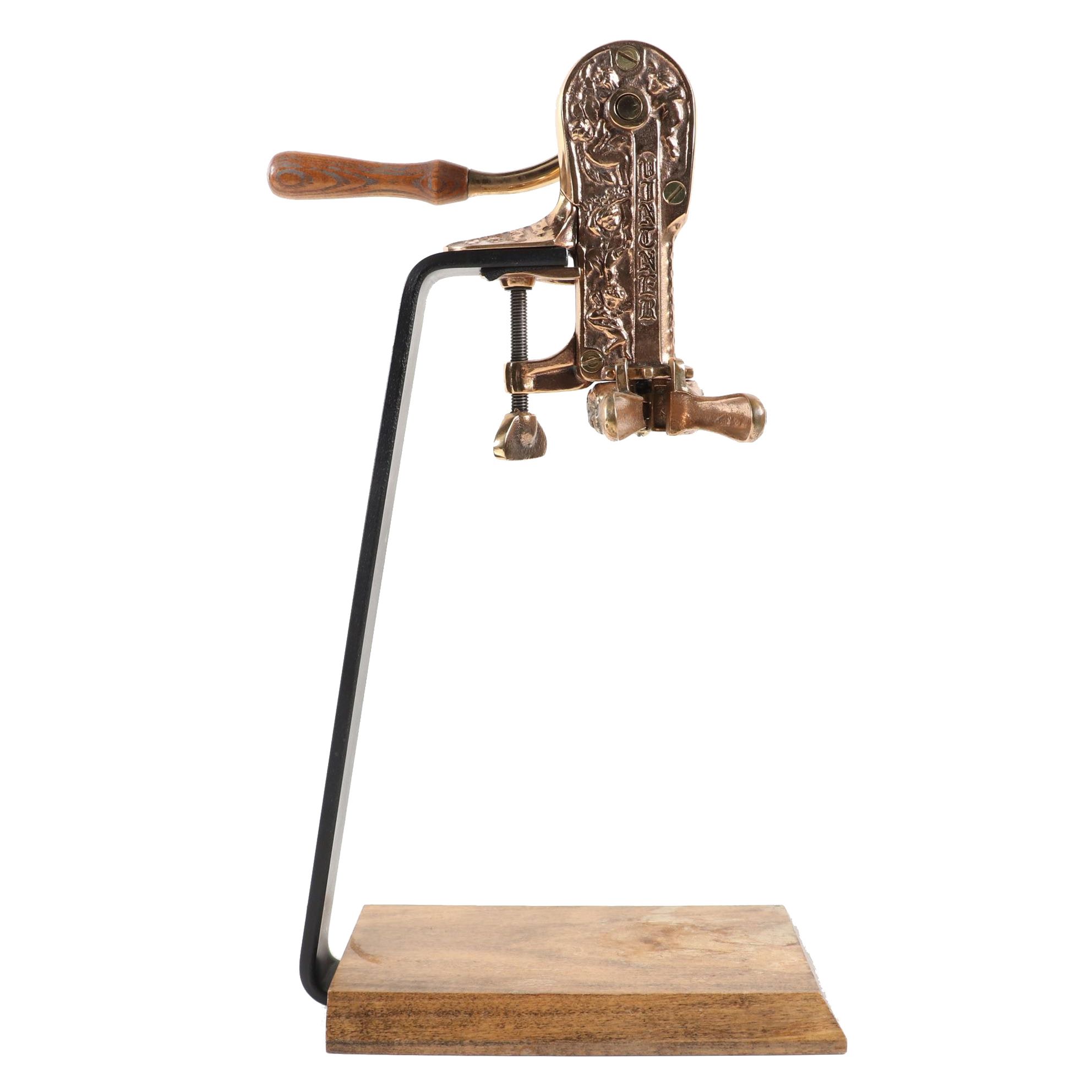 Vintner Brass and Oak Wine Opener with Cast Iron Walnut Stand