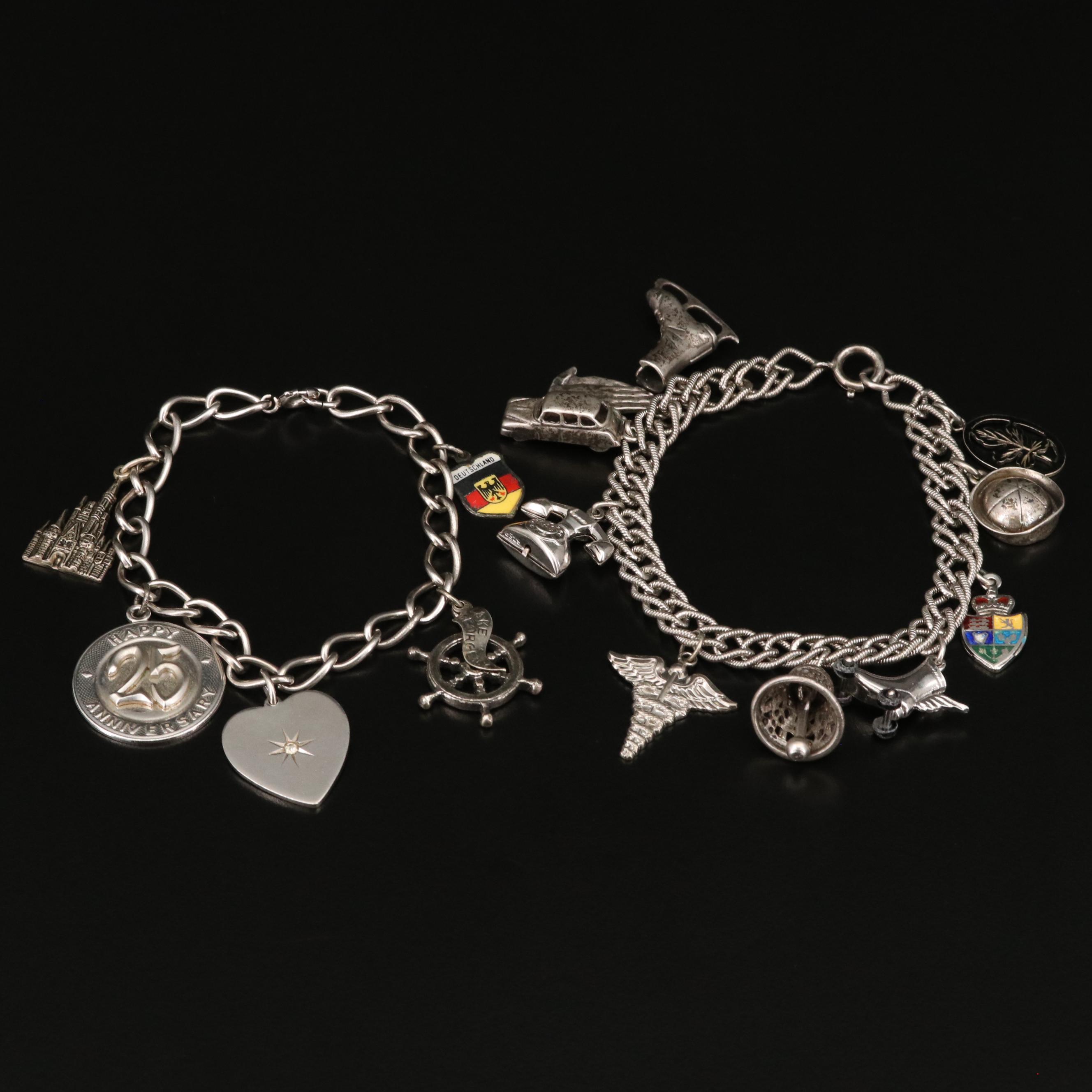 Rhinestone and Enamel Charm Bracelets Including 800 and Sterling Silver Charms