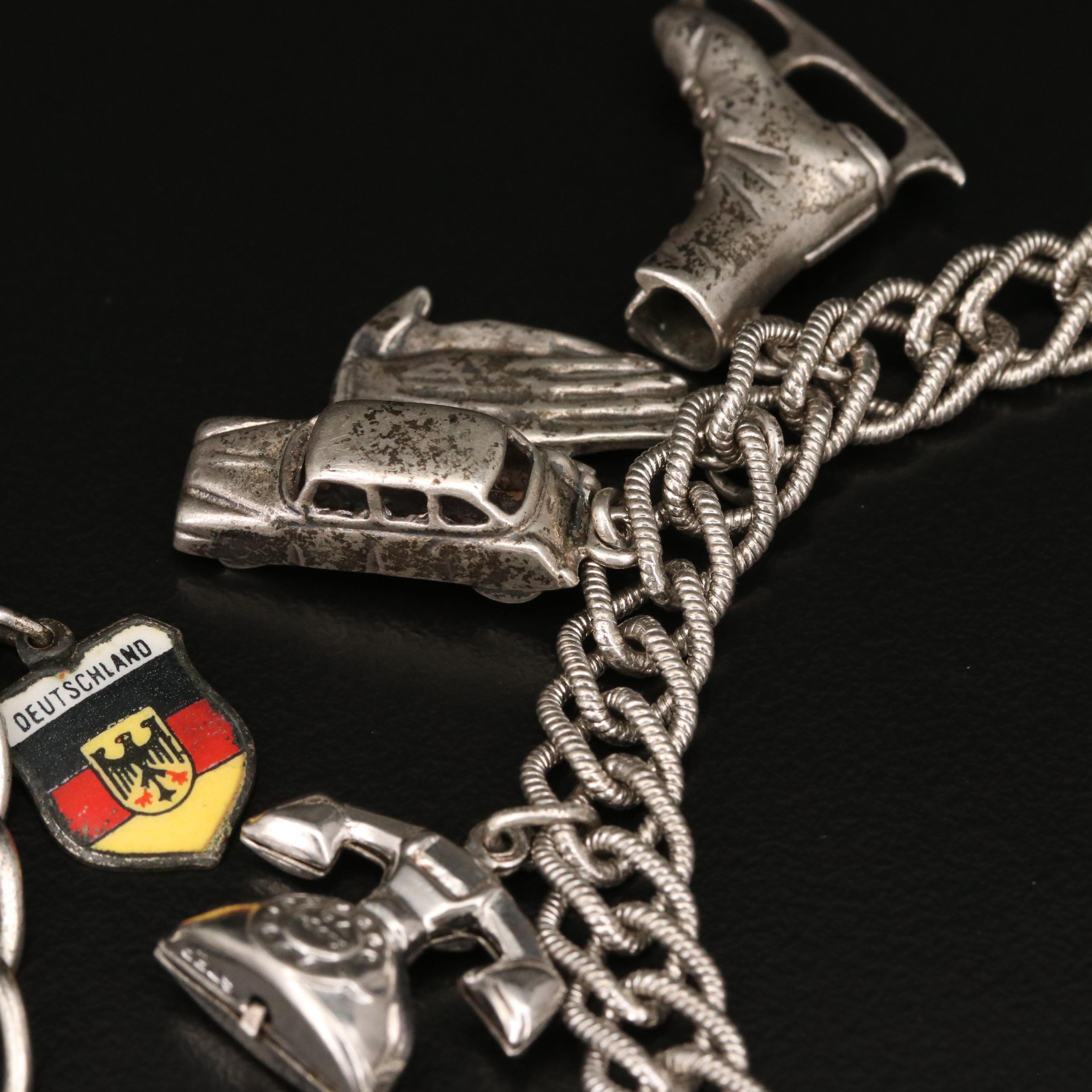 Rhinestone and Enamel Charm Bracelets Including 800 and Sterling Silver Charms