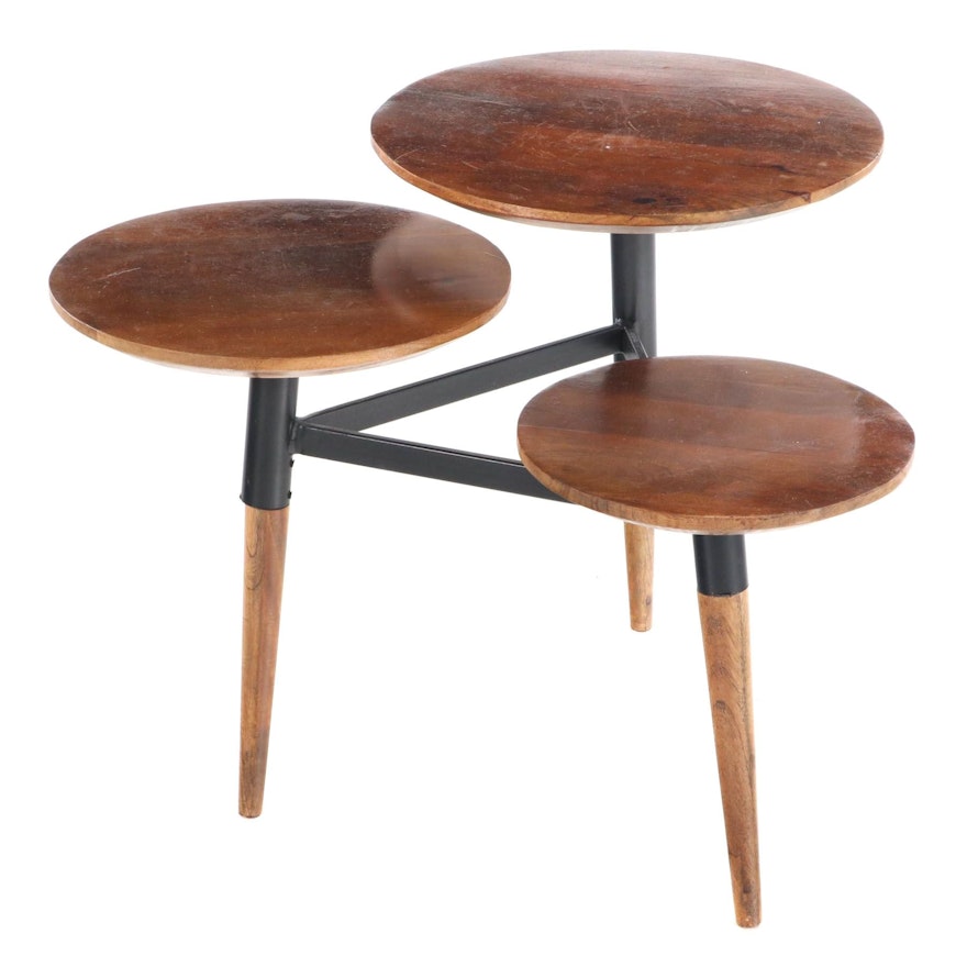 Modernist Style Metal-Mounted Hardwood Three-Tier Side Table