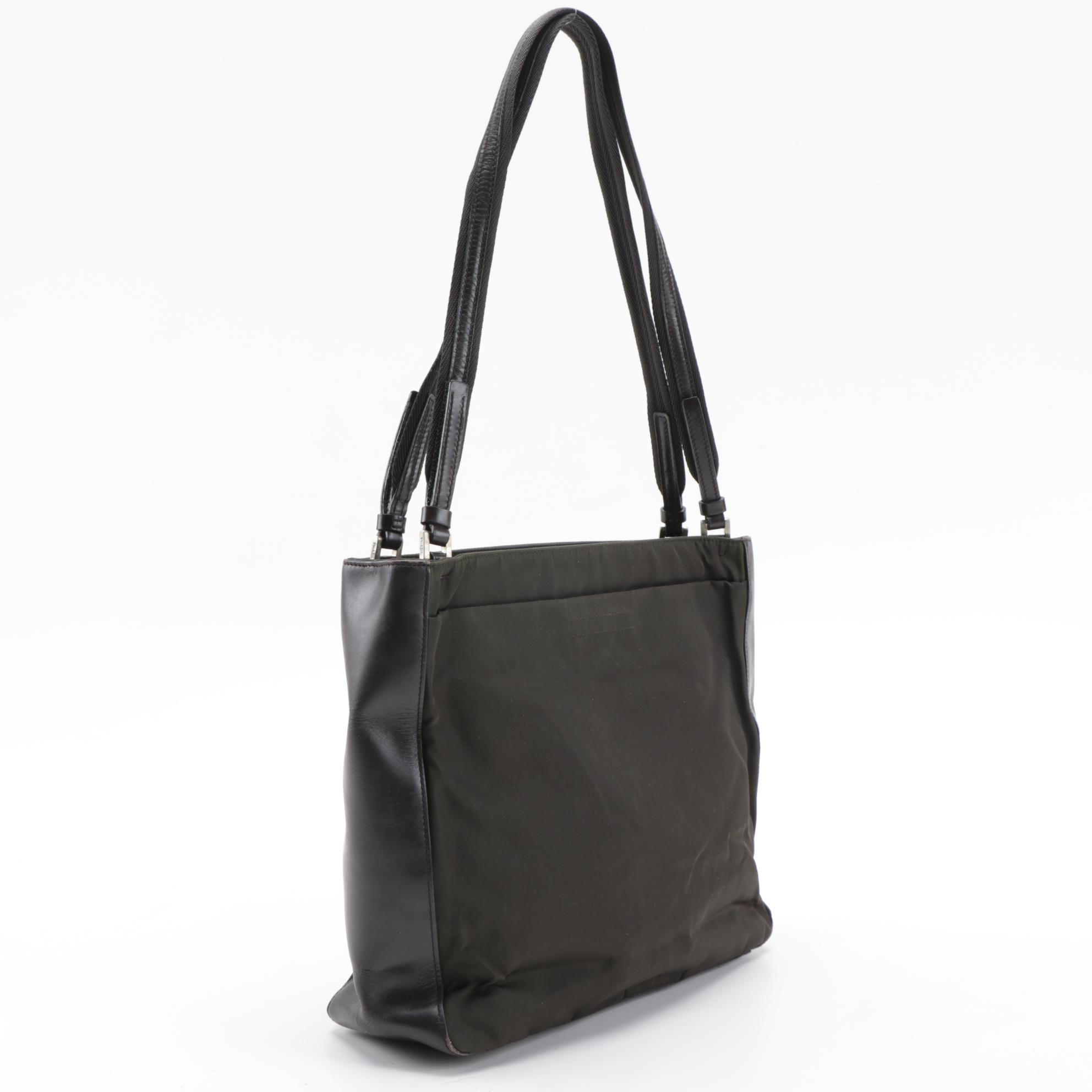 Prada Shoulder Tote in Dark Brown Nylon with Leather Trim