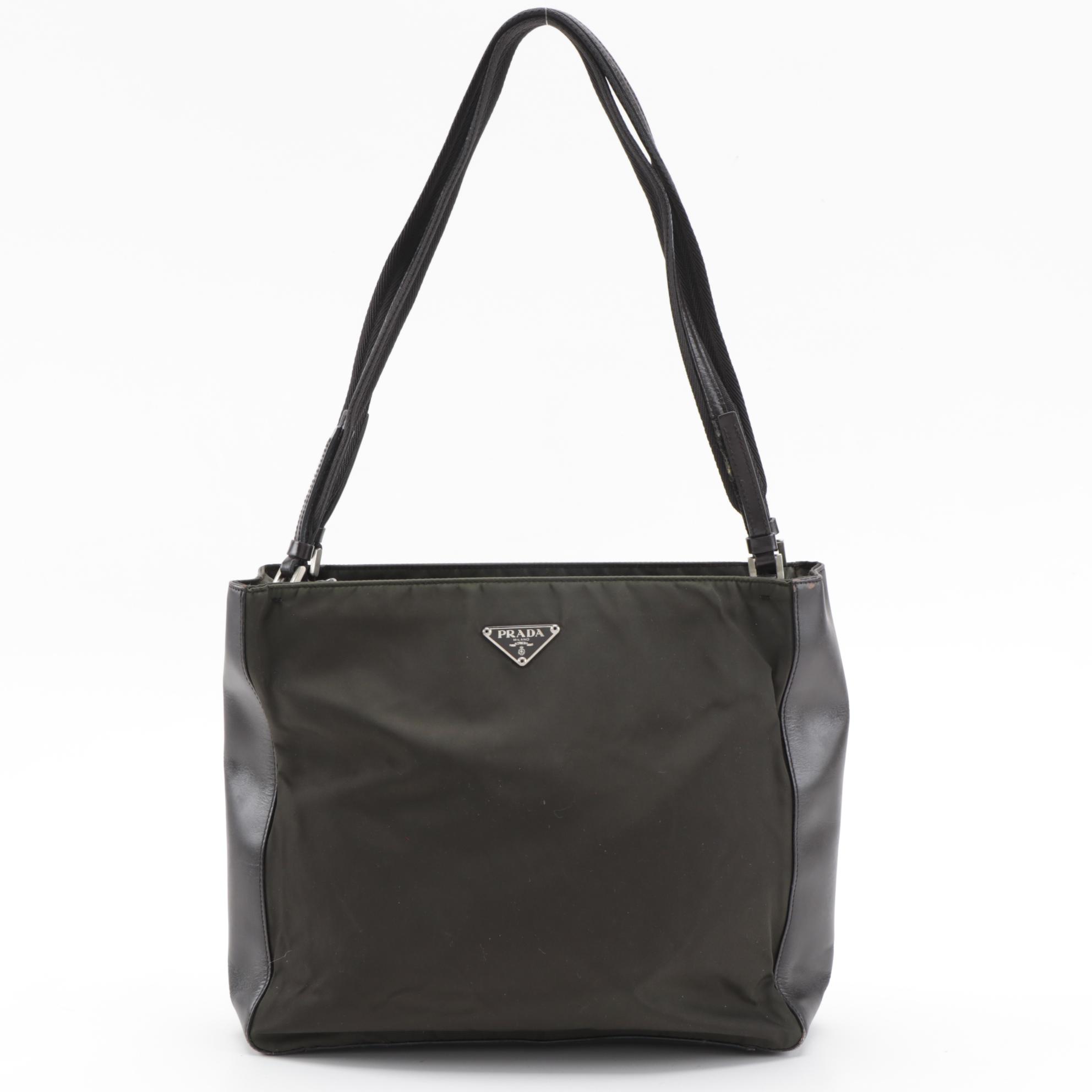 Prada Shoulder Tote in Dark Brown Nylon with Leather Trim