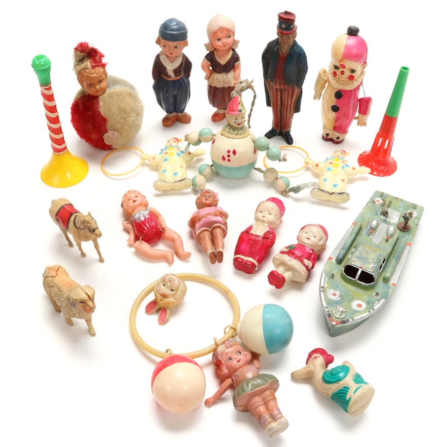 Vintage Celluloid Plastic Toys Including Clowns and More, Early/Mid 20th C