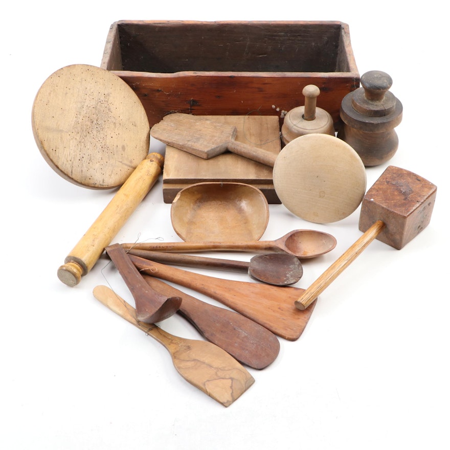 Wooden Molds and Other Kitchen Utensils in Dovetailed Box