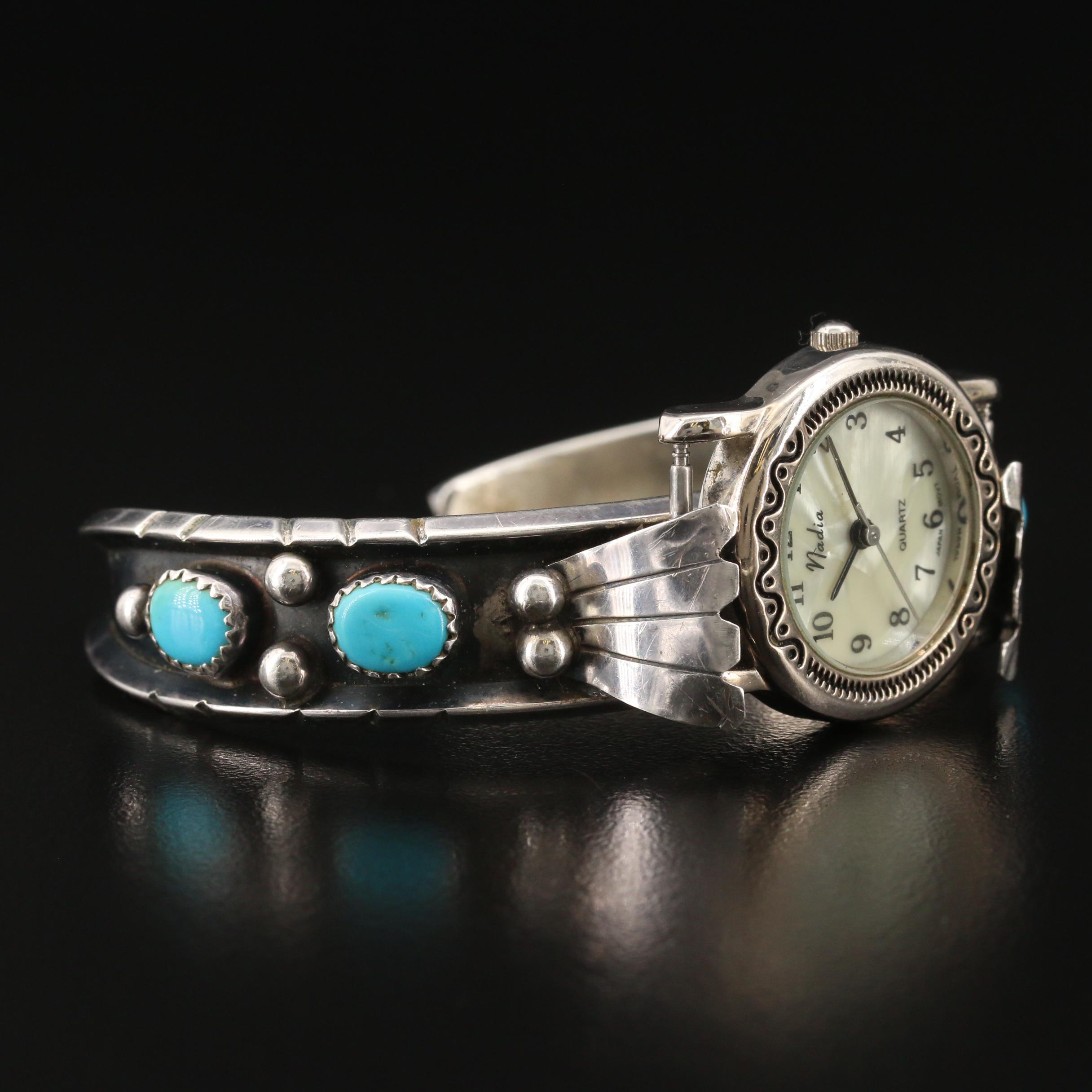 Nadia Turquoise and Sterling Silver Cuff Style Watch