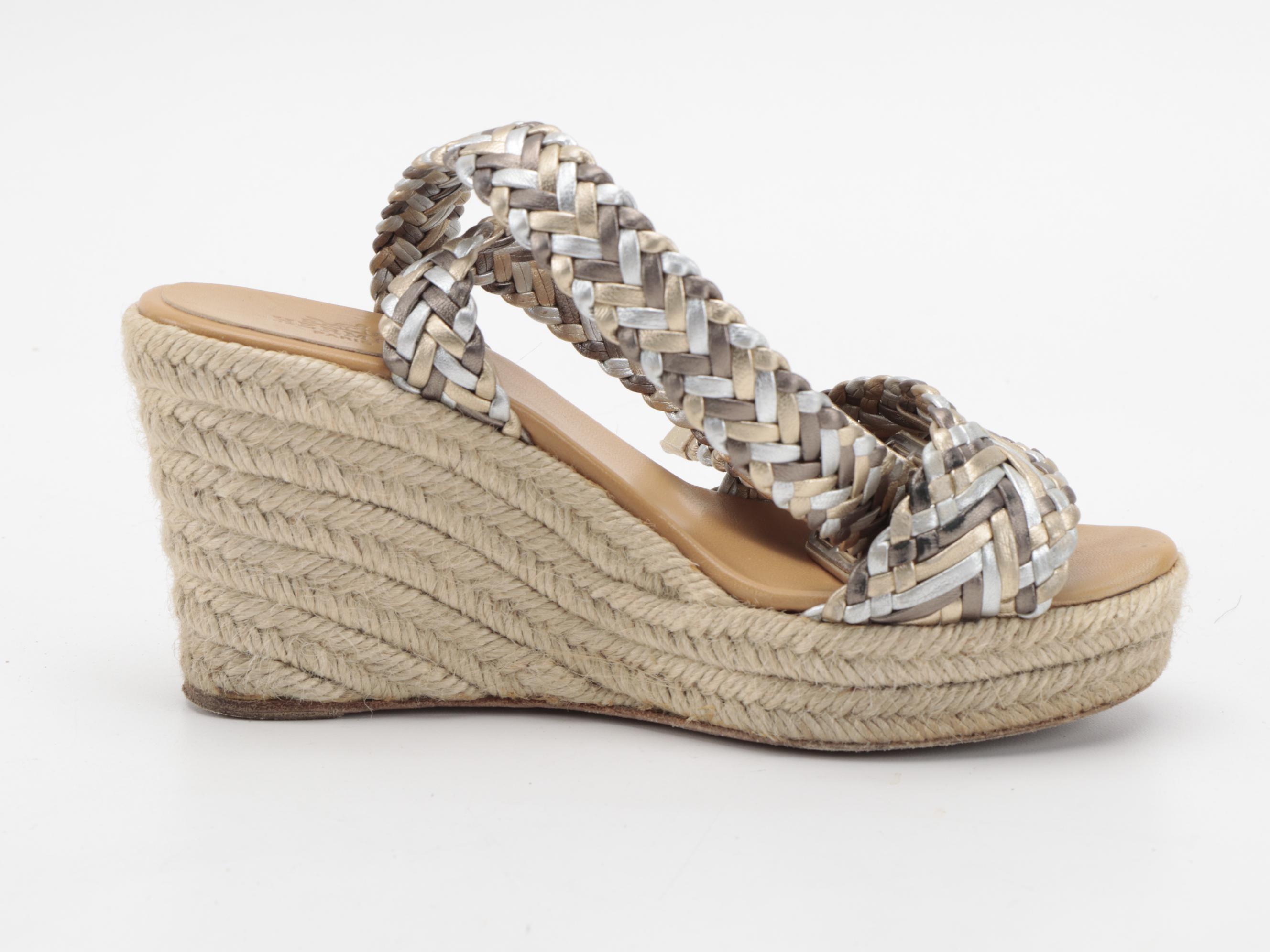 Hermès Sofia Espadrille Wedge Sandals with Metallic Braided Straps