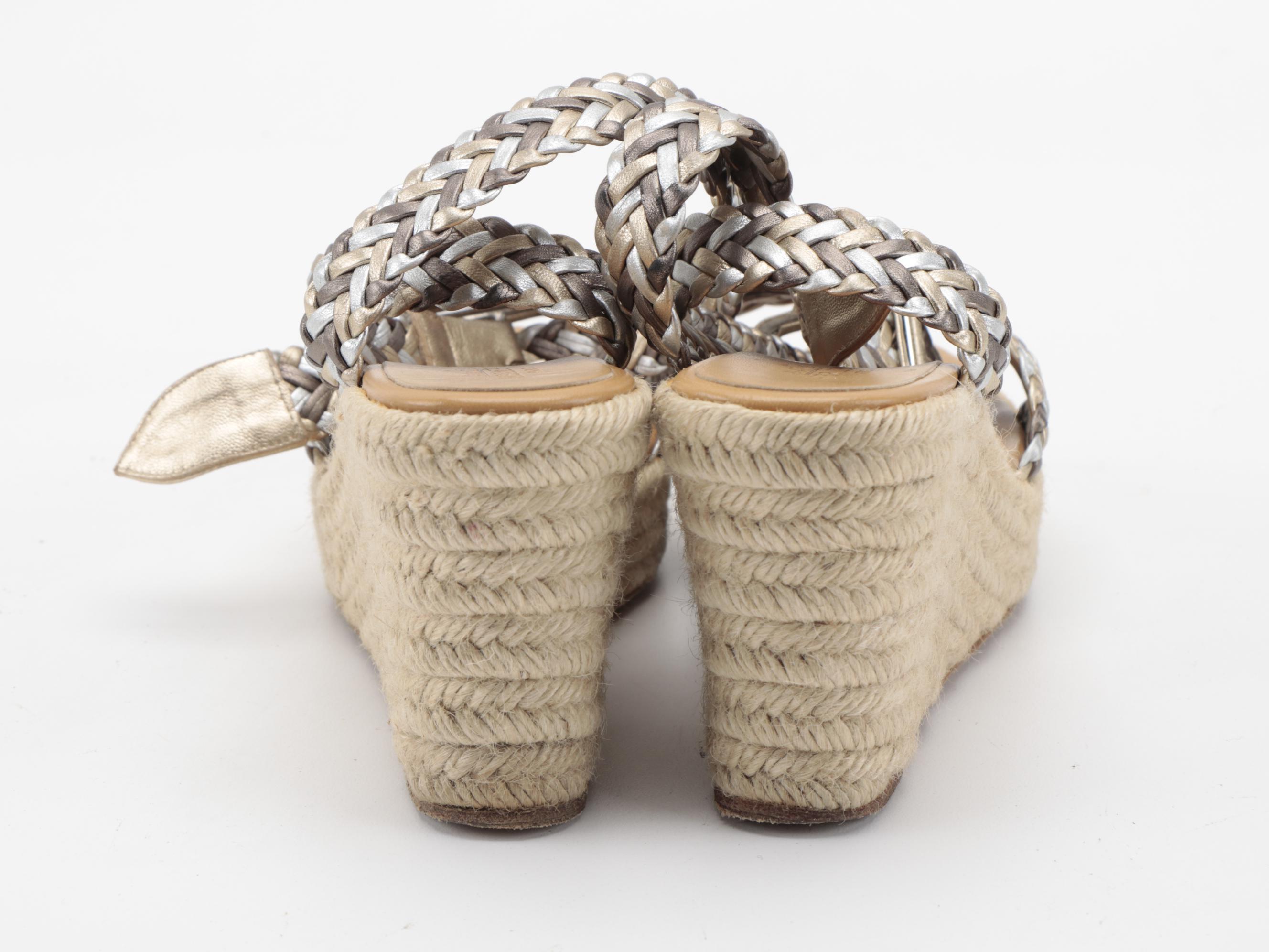 Hermès Sofia Espadrille Wedge Sandals with Metallic Braided Straps
