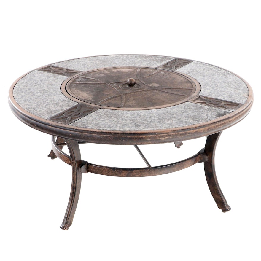 Contemporary Patinated Metal and Polished Granite Fire Pit Coffee Table