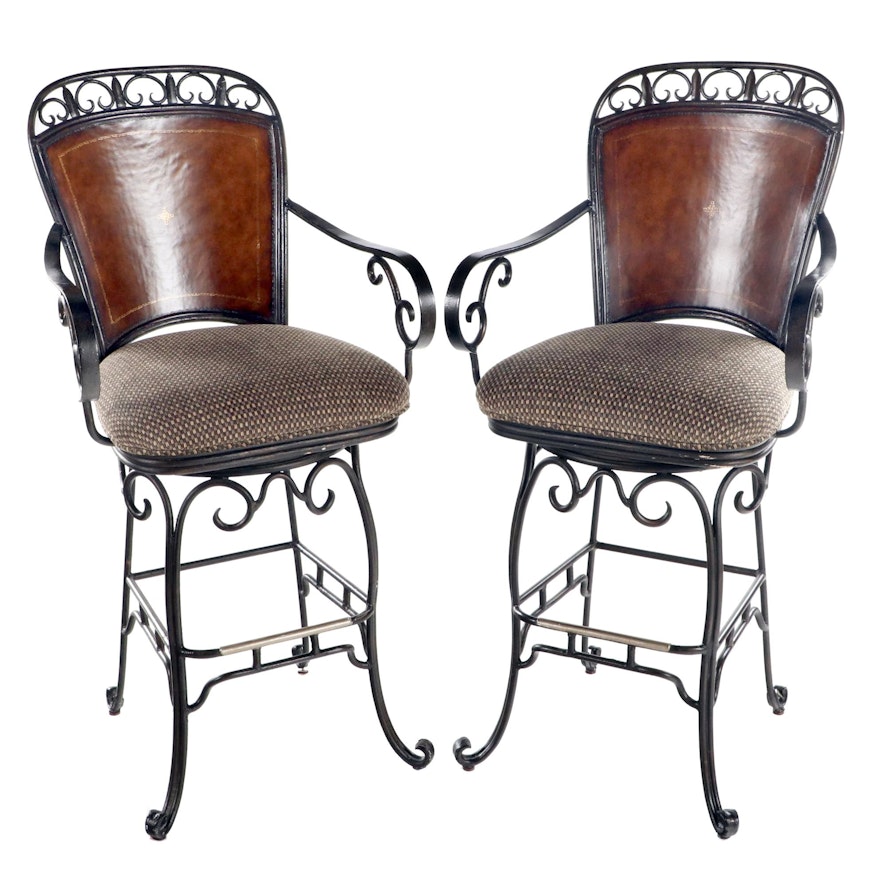 Pair of Contemporary Patinated and Scrolled Iron Swivel Bar Stools