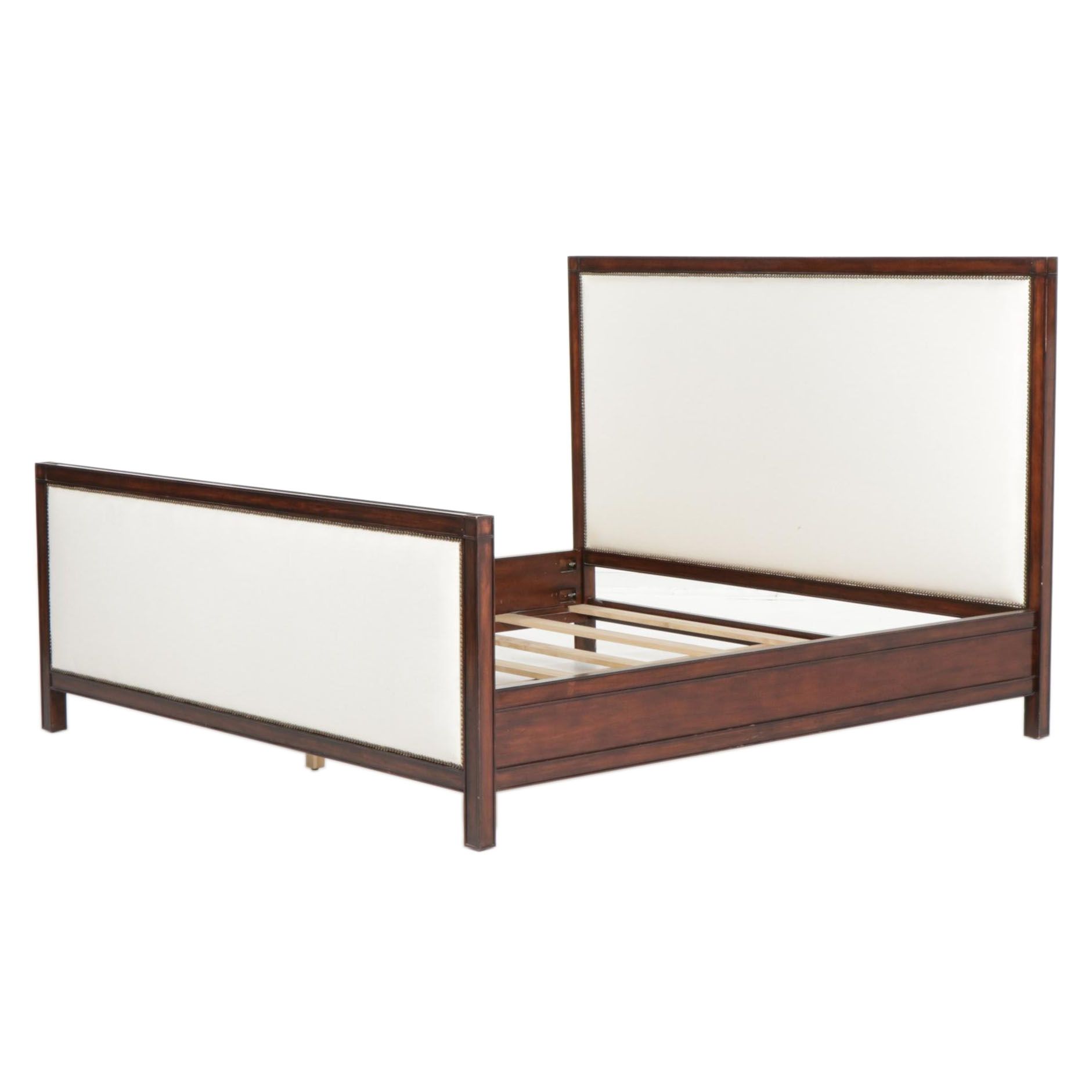 Restoration Hardware Mahogany-Stained Brass-Tacked Upholstered King Size Bed