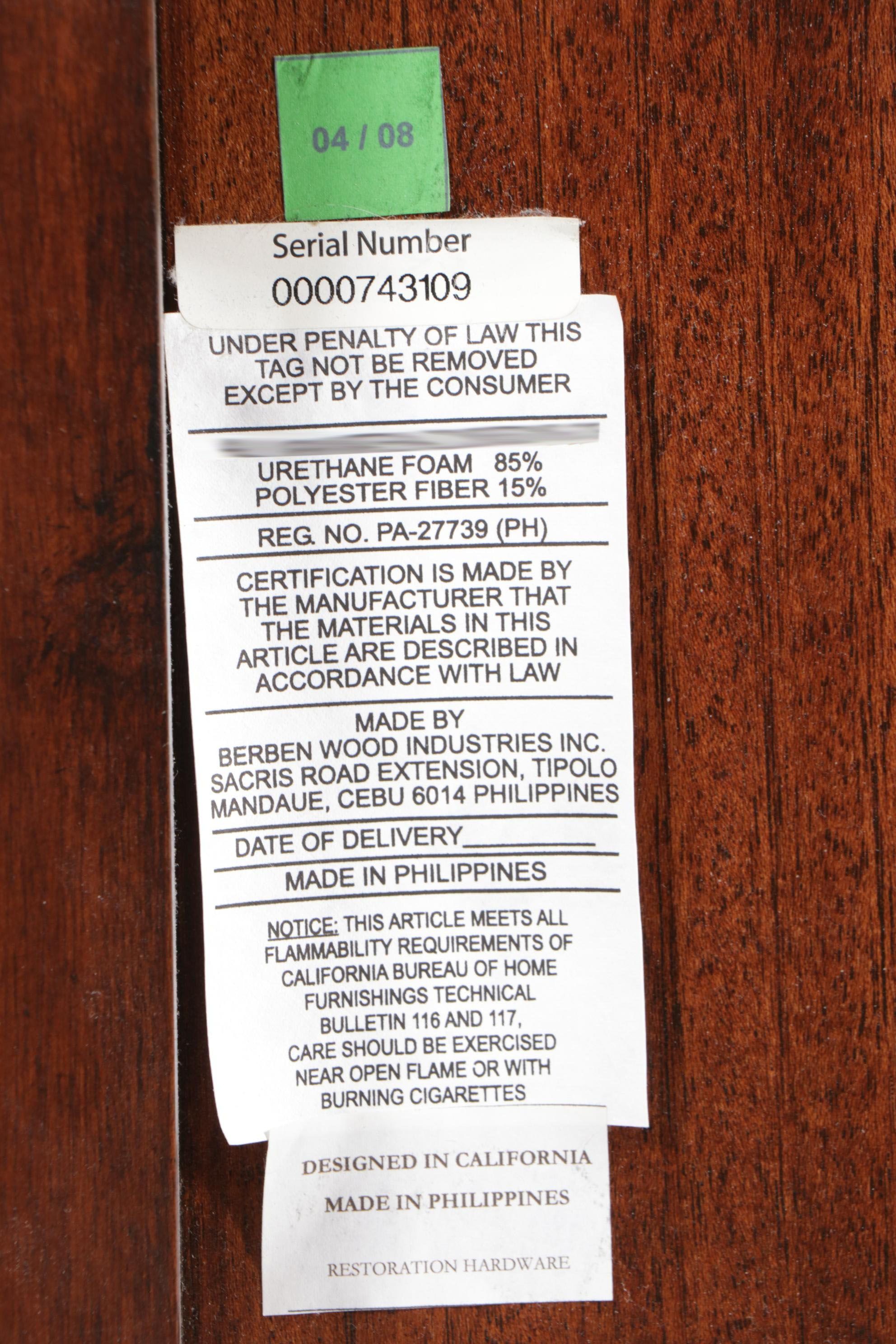 Restoration Hardware Mahogany-Stained Brass-Tacked Upholstered King Size Bed