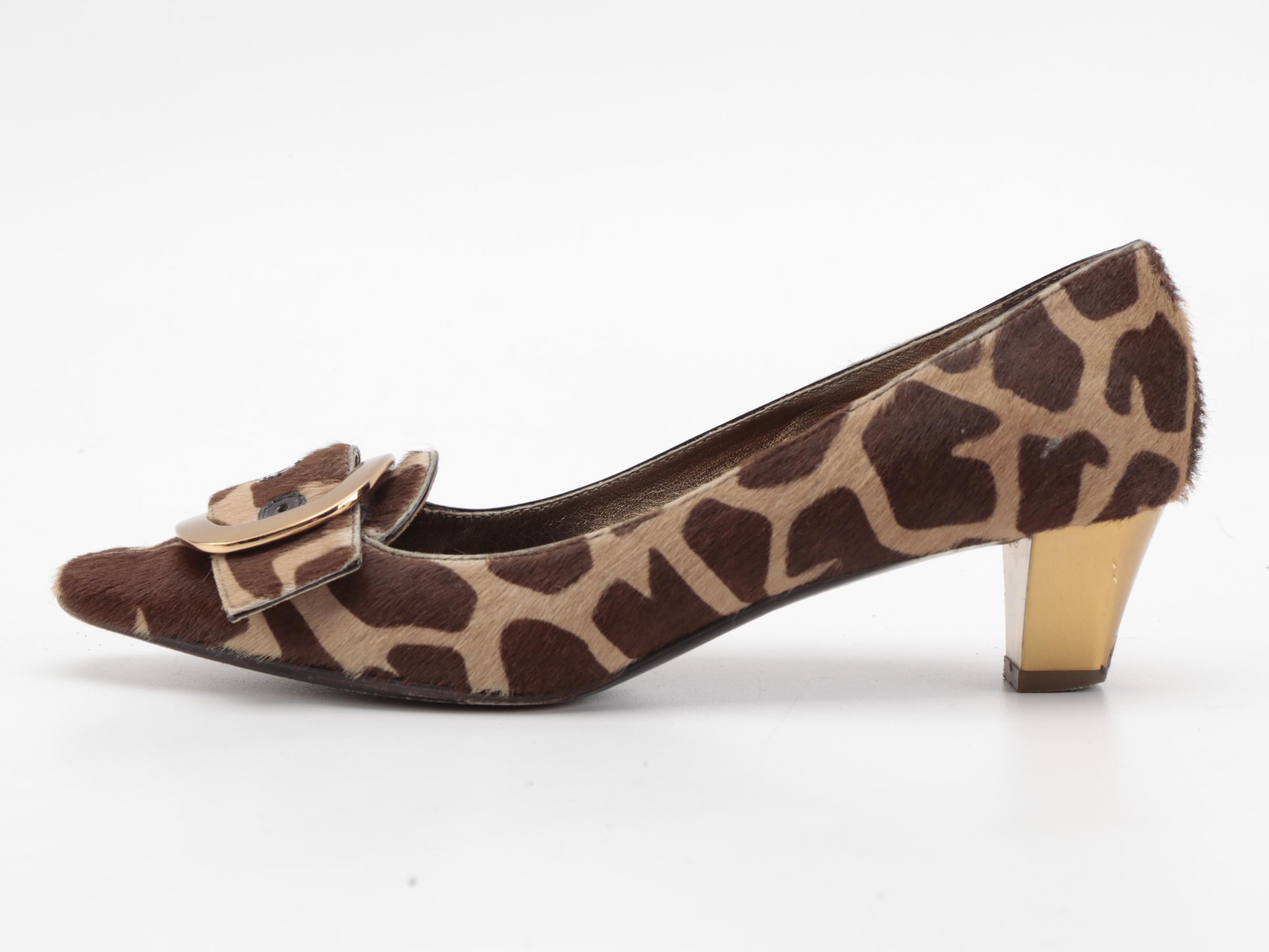 Prada Giraffe Print Calf Hair Pumps with Buckle Accents