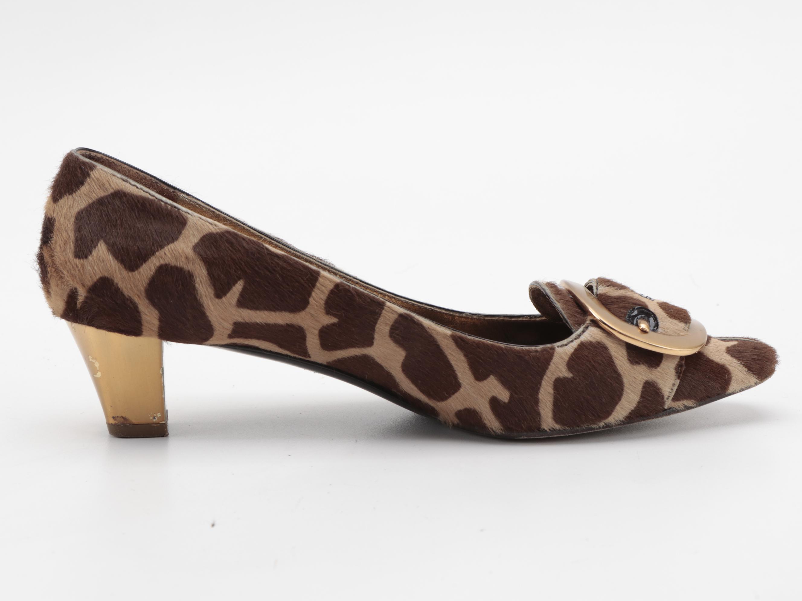 Prada Giraffe Print Calf Hair Pumps with Buckle Accents