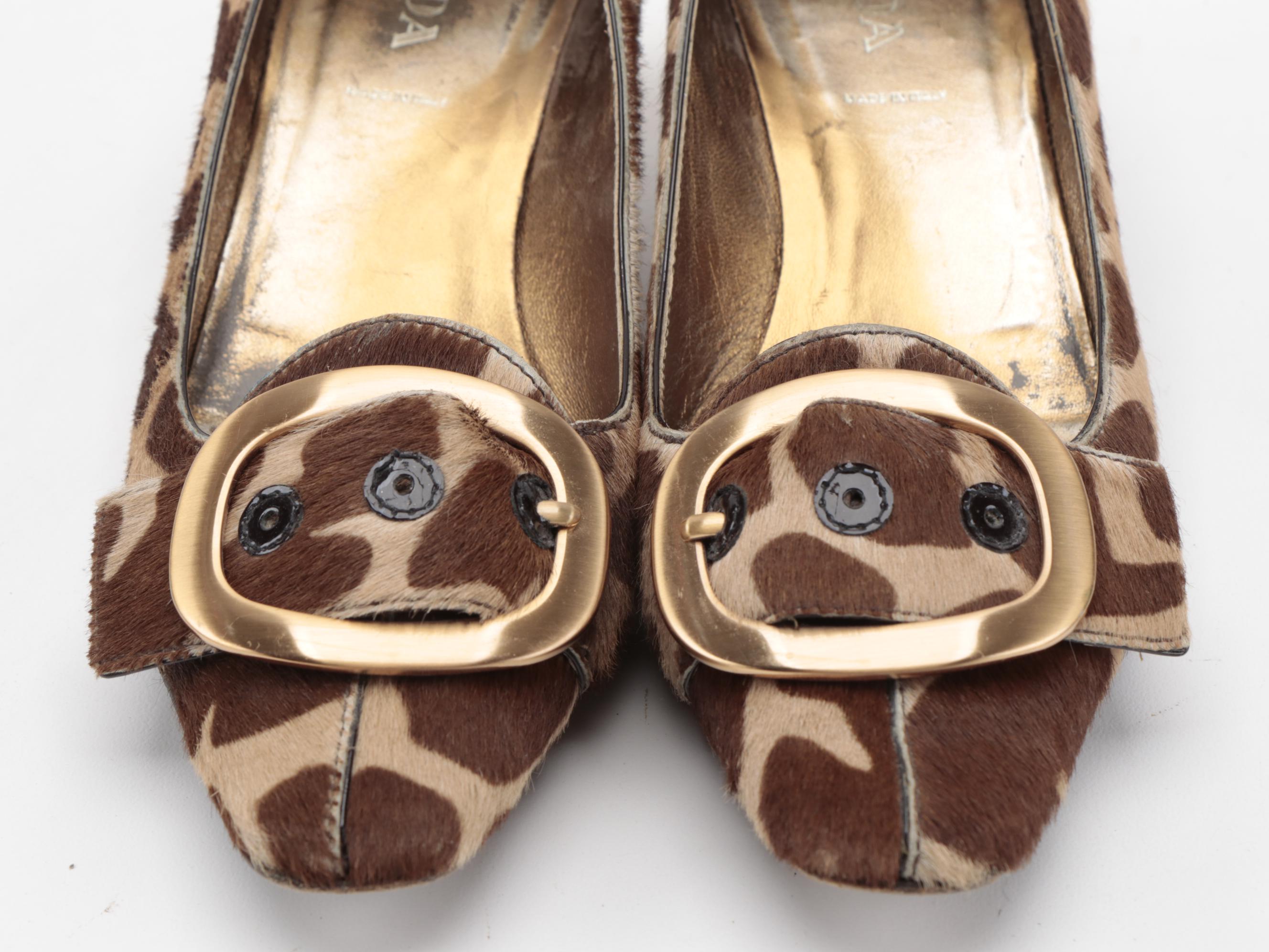 Prada Giraffe Print Calf Hair Pumps with Buckle Accents