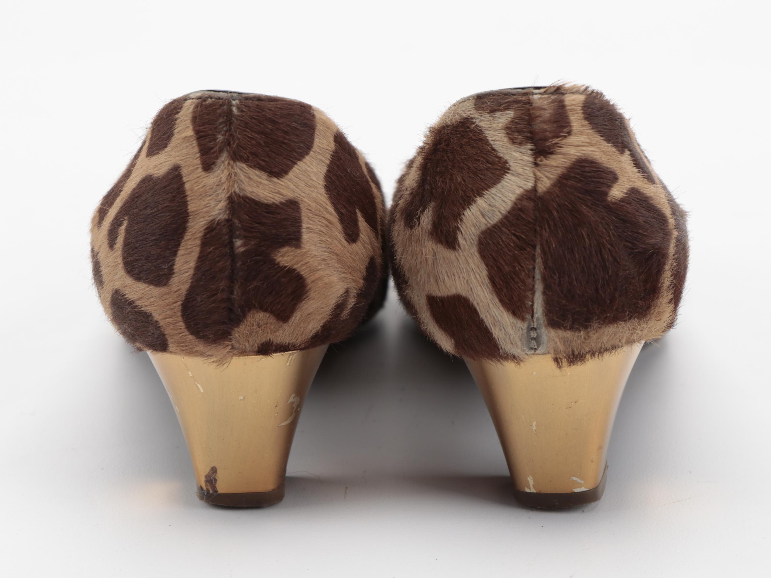 Prada Giraffe Print Calf Hair Pumps with Buckle Accents