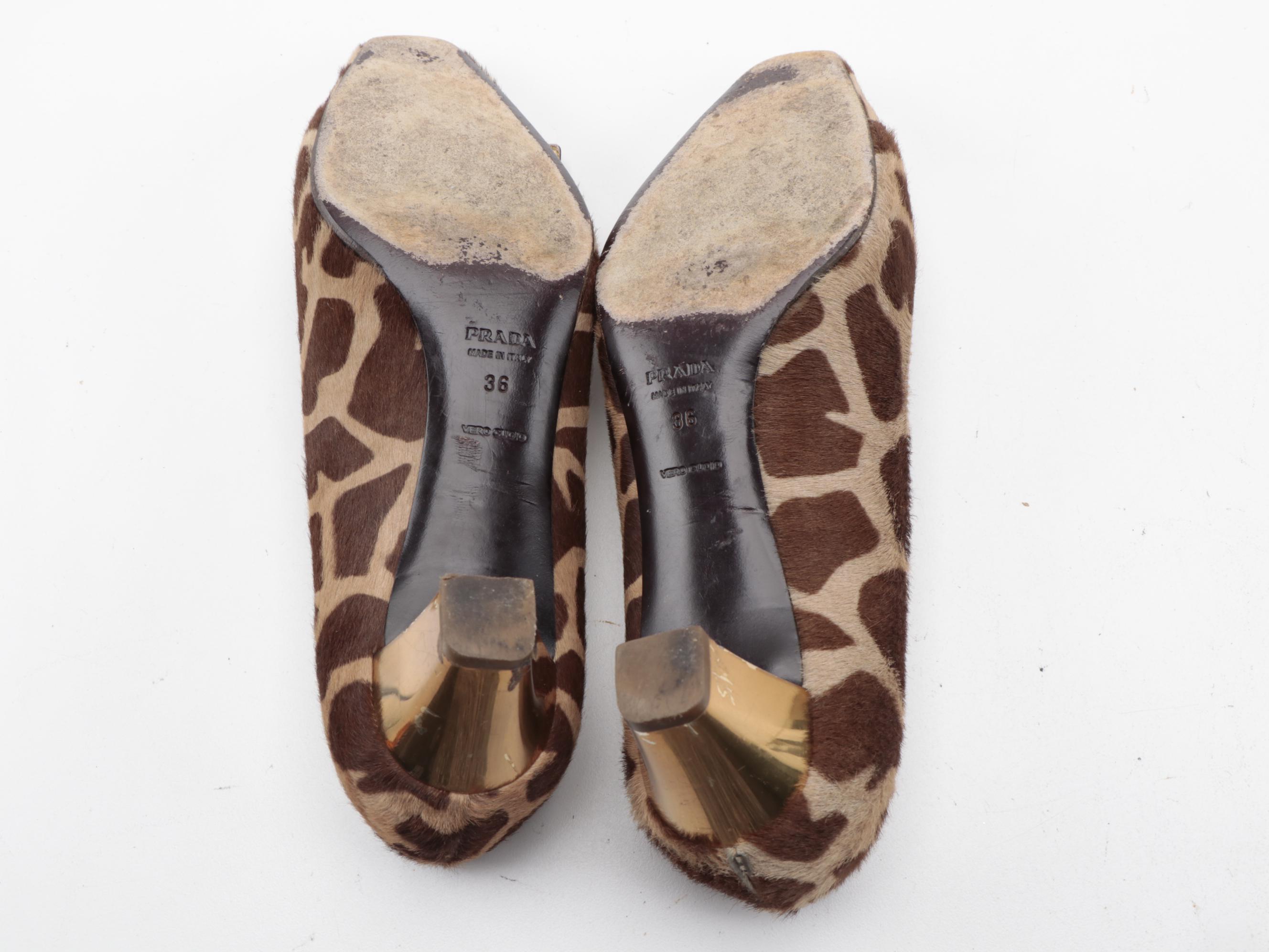Prada Giraffe Print Calf Hair Pumps with Buckle Accents