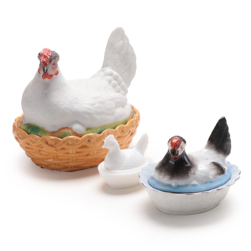 Three Antique Hen-on-Nest Covered Bowls