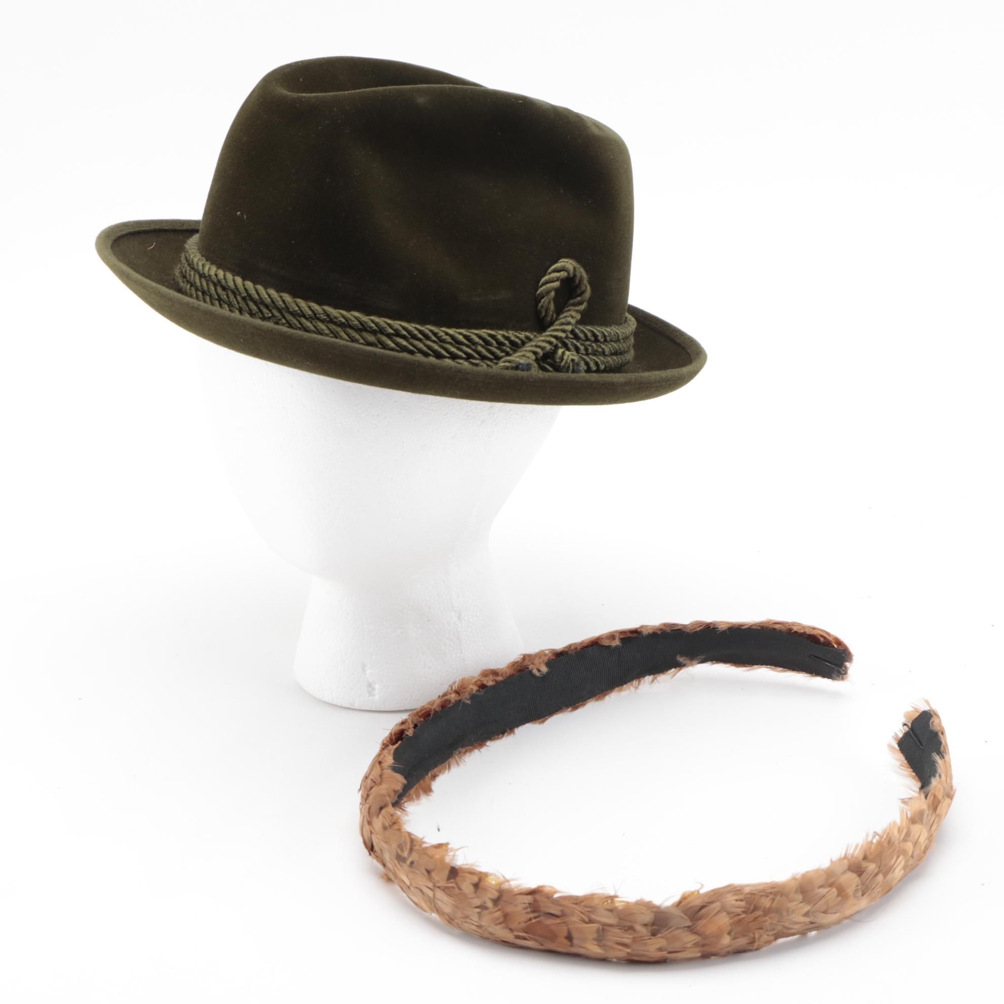 Men's Stetson Green Felt Trilby Hat and Feather Hat Band