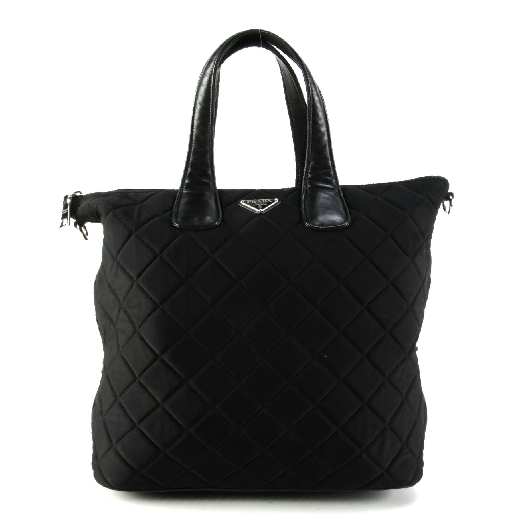 Prada Two-Way Tote Bag in Black Quilted Tessuto Nylon with Leather Trim