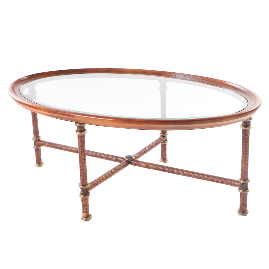 Glass Top Coffee Table with Braided Leather Wrapped Base, Late 20th Century