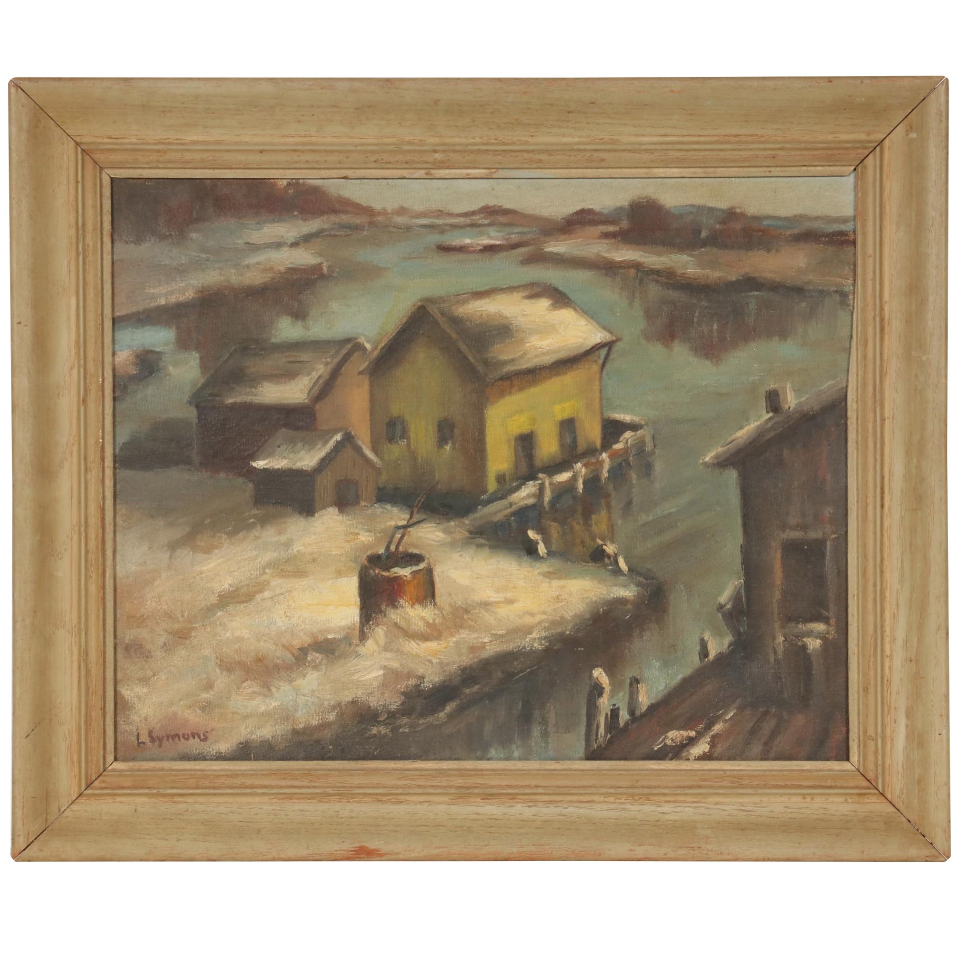 Louise Symons Oil Painting of Riverside Harbor, Mid-20th Century