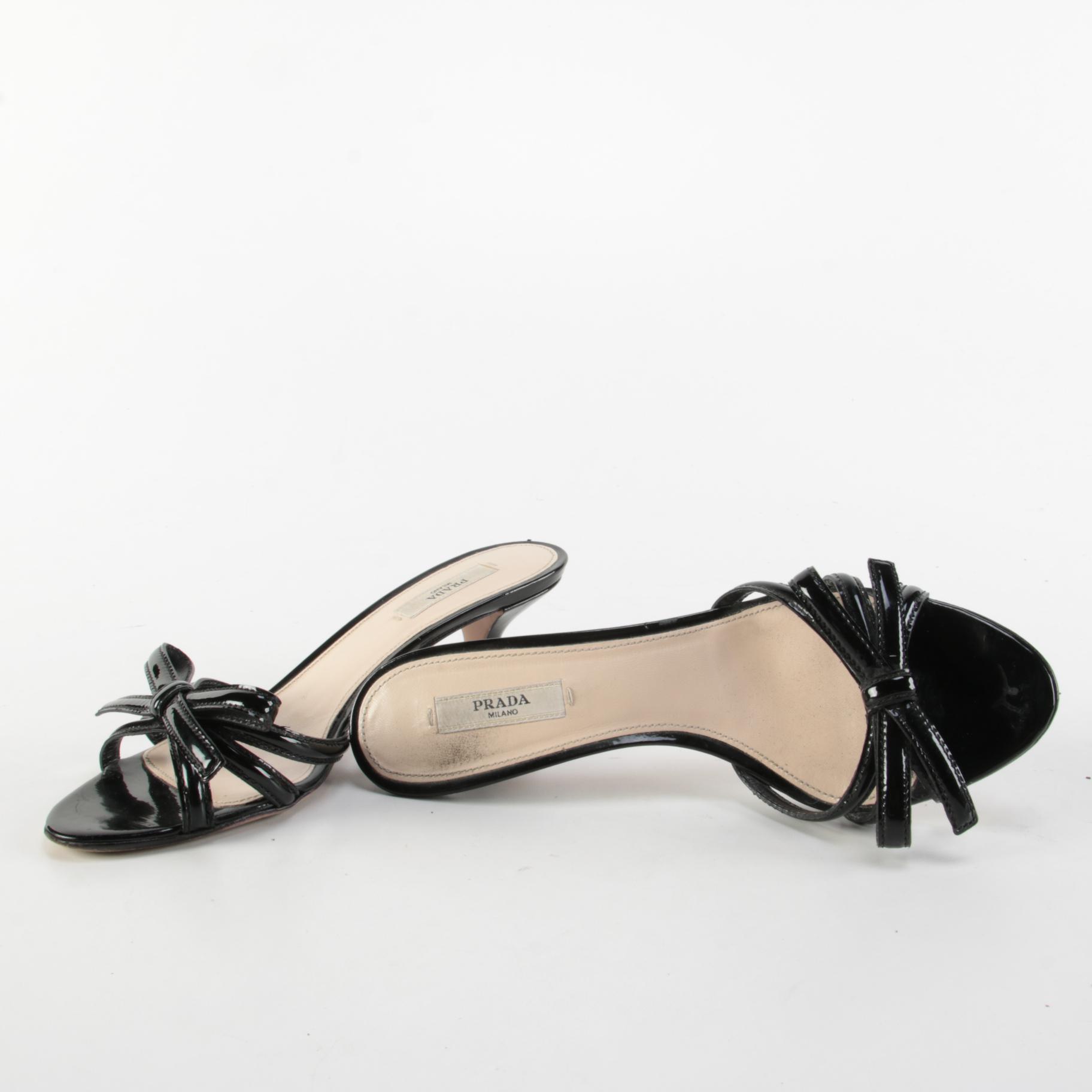 Prada Bow Slides in Patent Leather with Kitten Heels