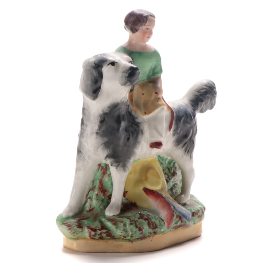 William Kent Staffordshire Girl Ridding a Dog Figurine, Early-Mid 20th Century