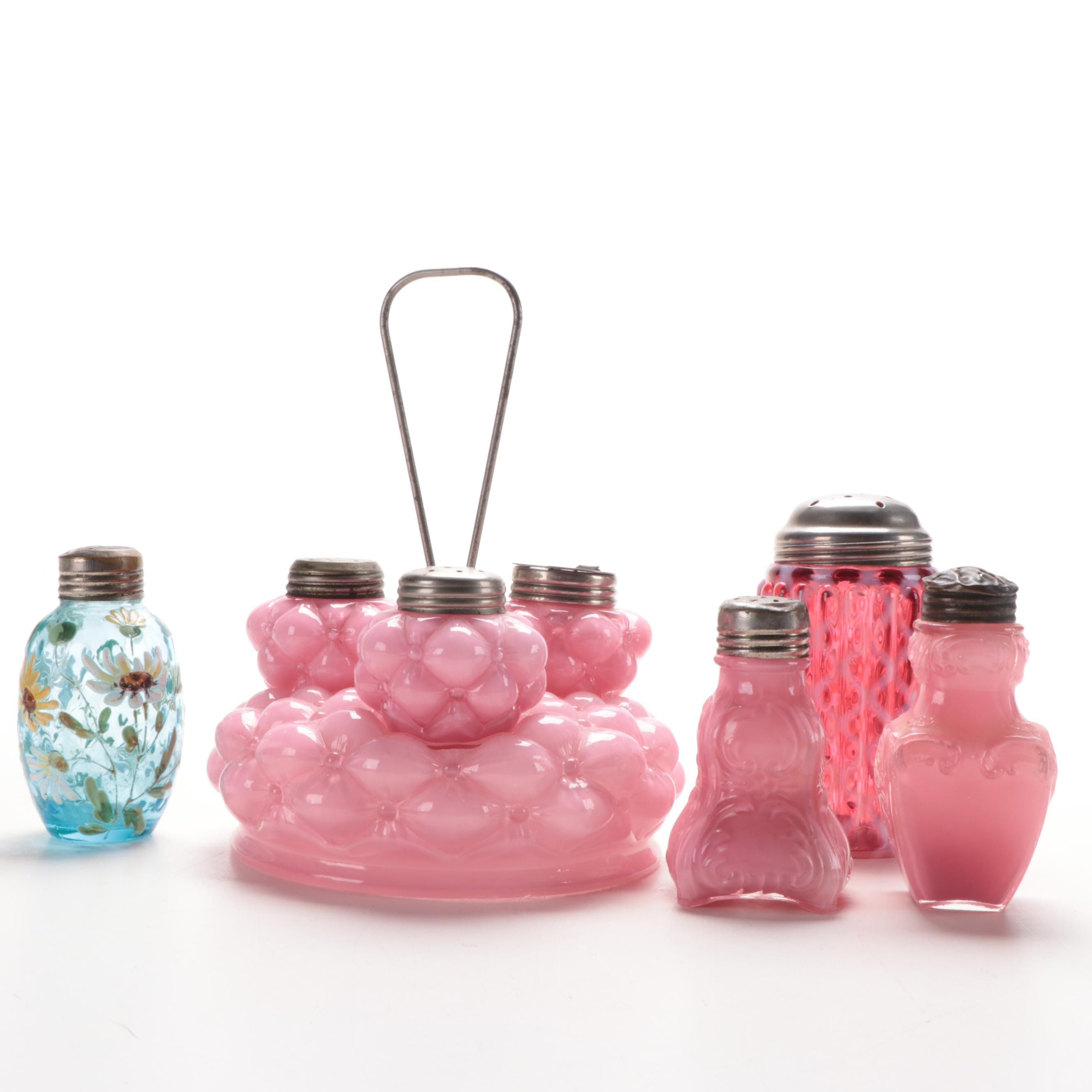 Fostoria Quilt Condiment Caddy and Other Opaque Pink and Other Castors