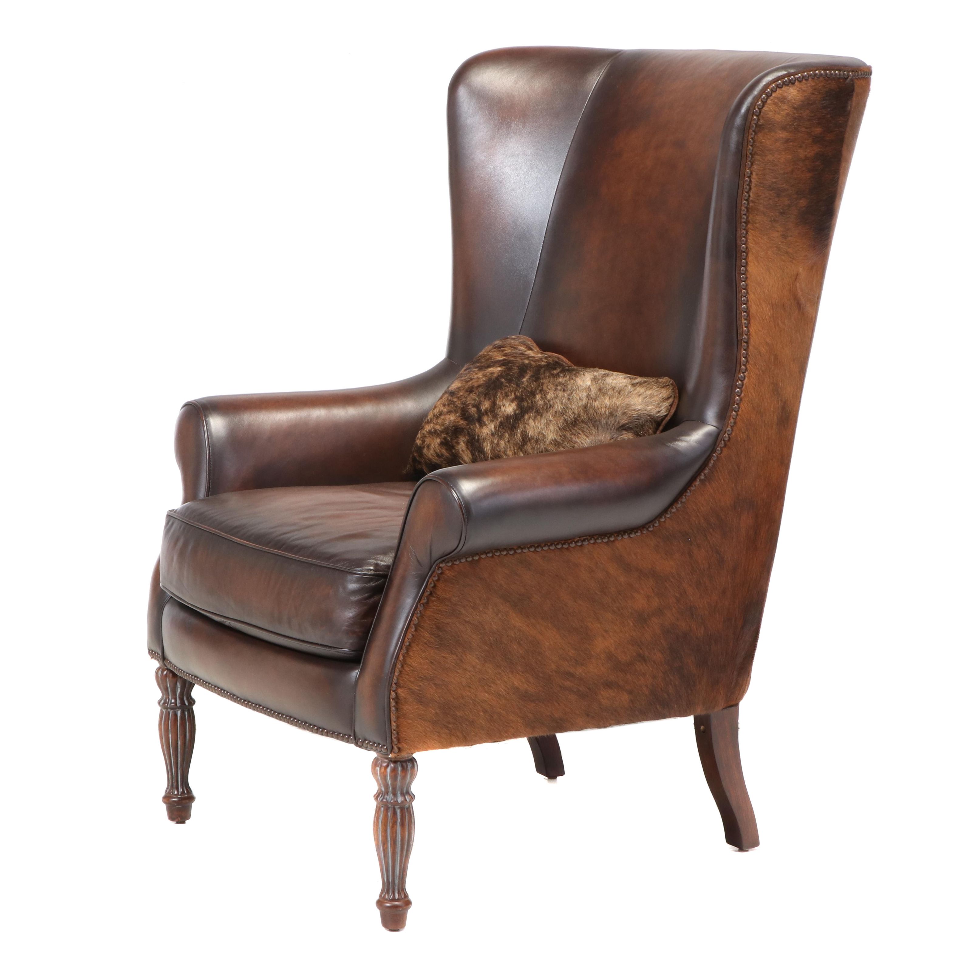 Bernhardt Furniture Bonded Leather and Cowhide Wingback Armchair