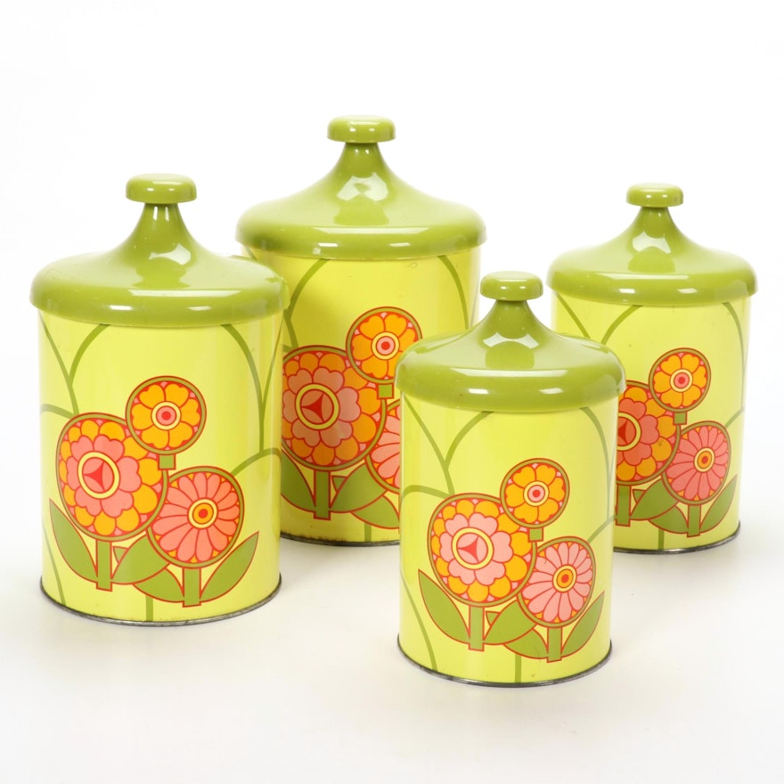 Joan Stevens Floral Printed Aluminum Lidded Canisters, 1960s