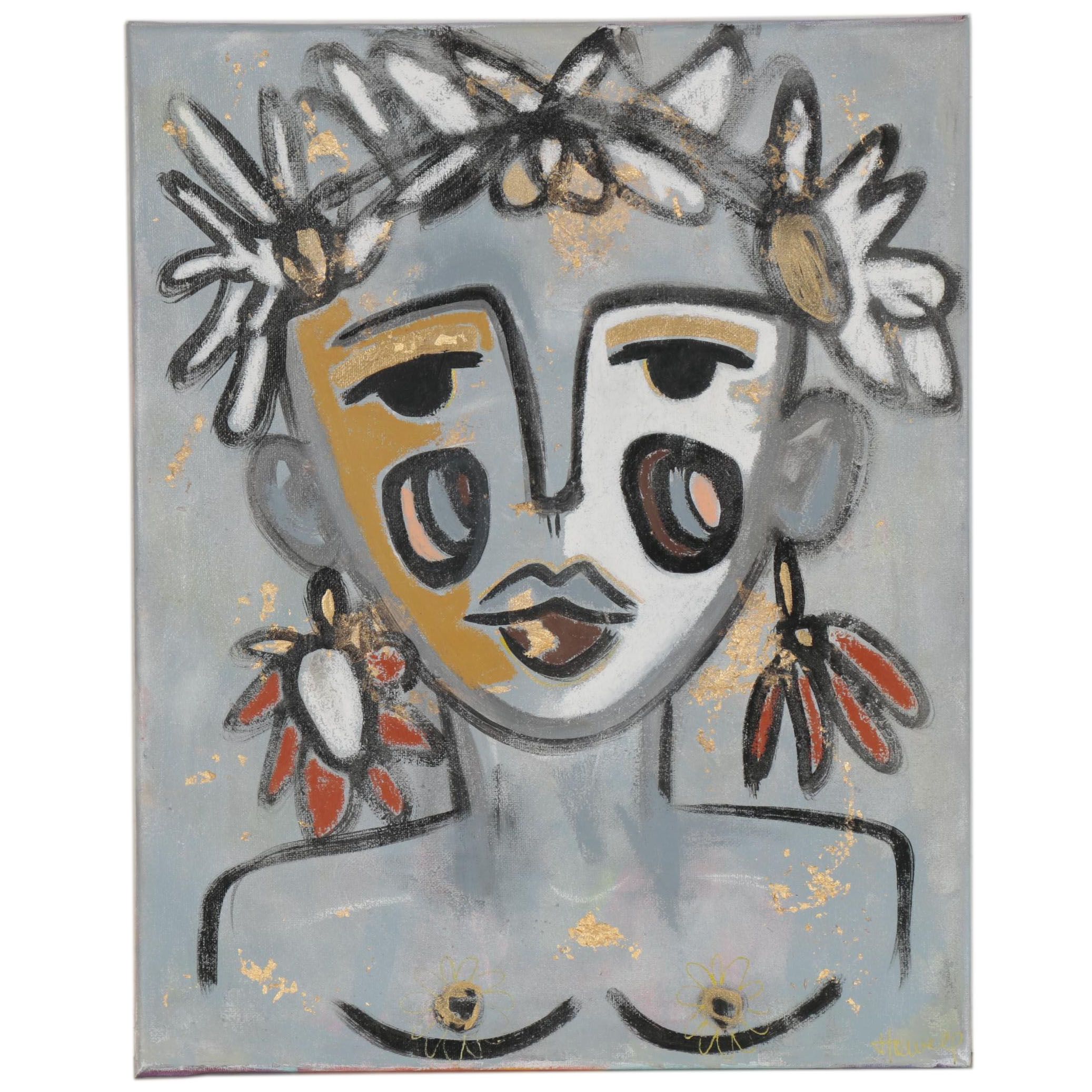 Jordan Howell Acrylic Painting with Gold Leaf, 21st Century