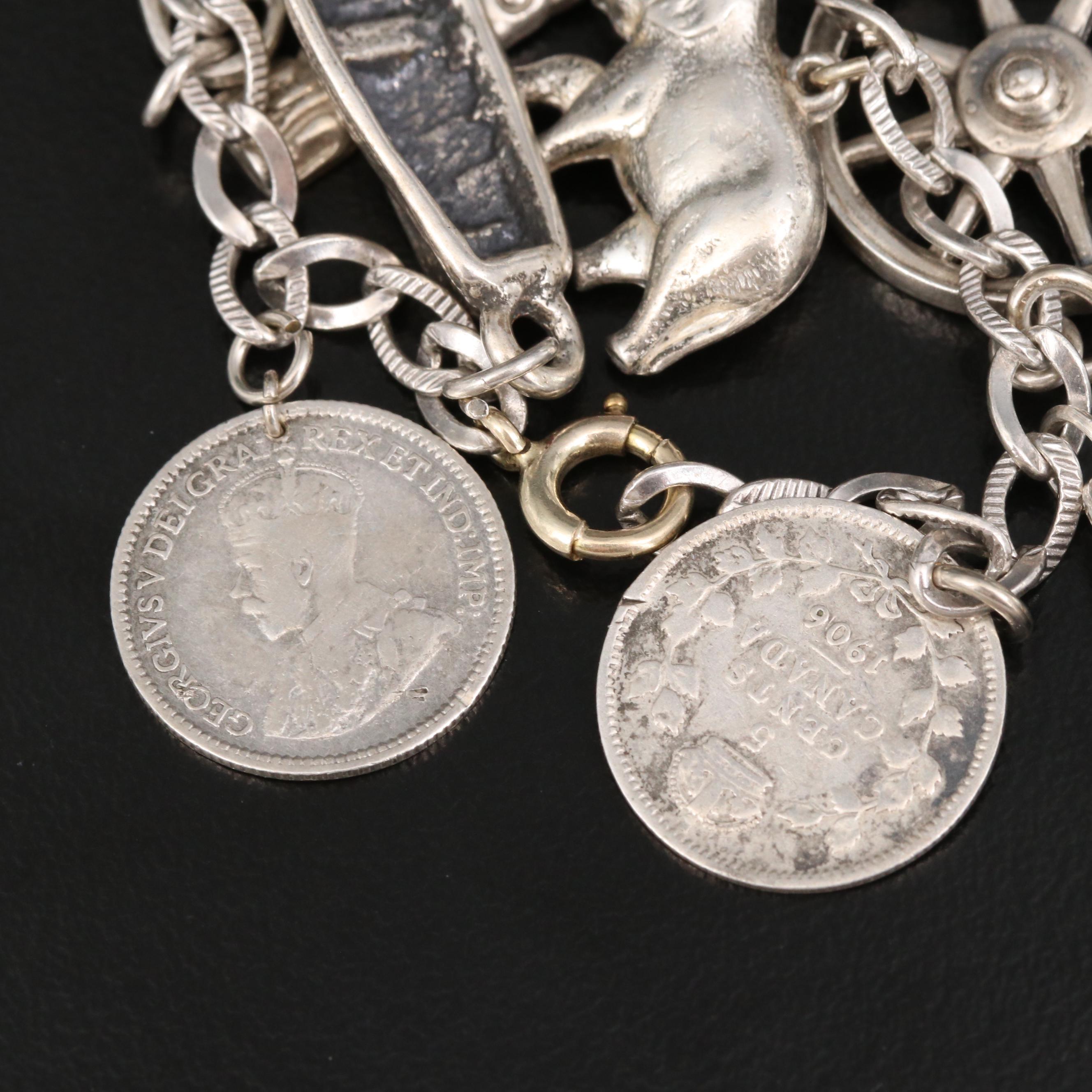 Vintage Sterling Charm Bracelet Featuring Antique Canadian Coins