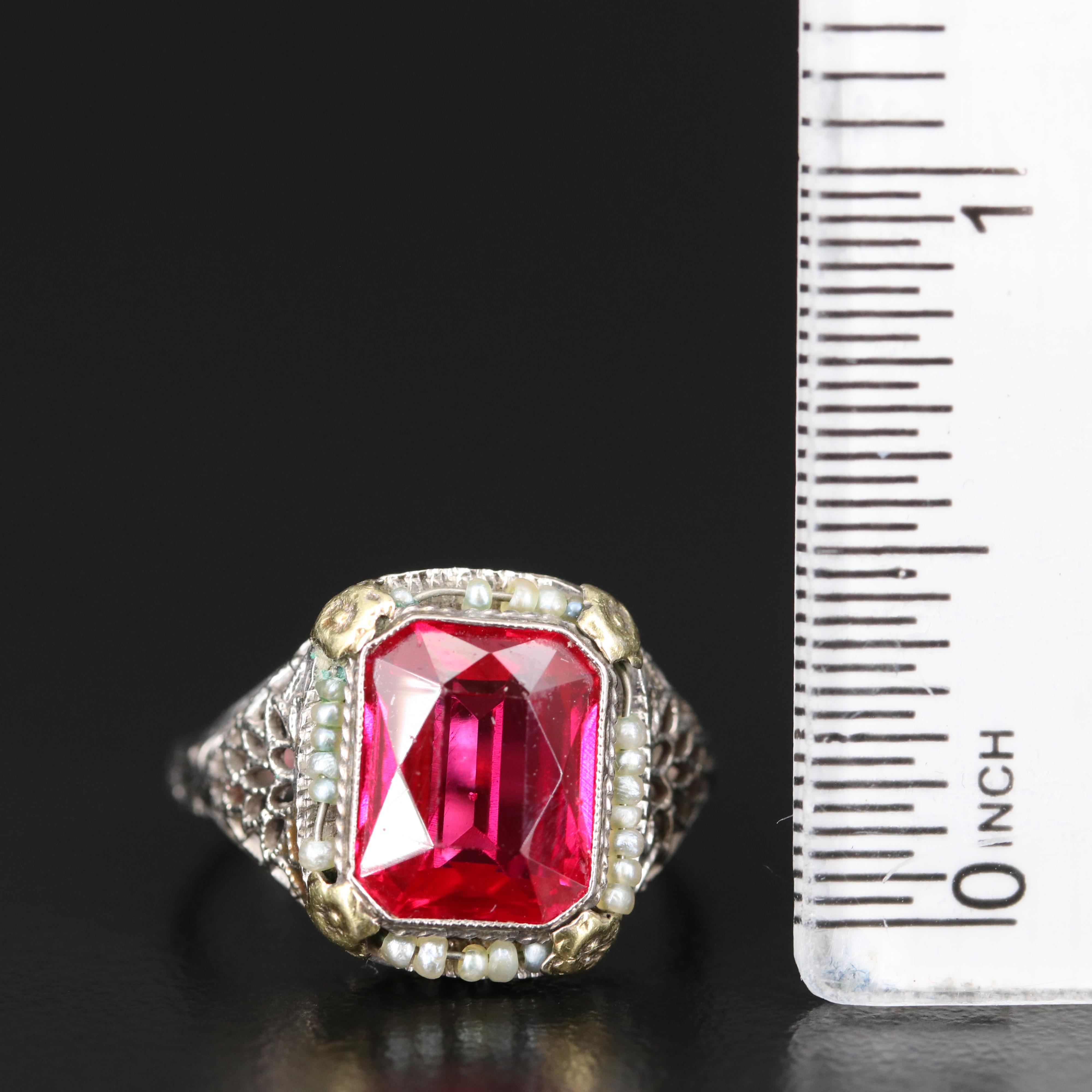 Early 1900s Ostby & Barton 10K Ruby and Seed Pearl Ring