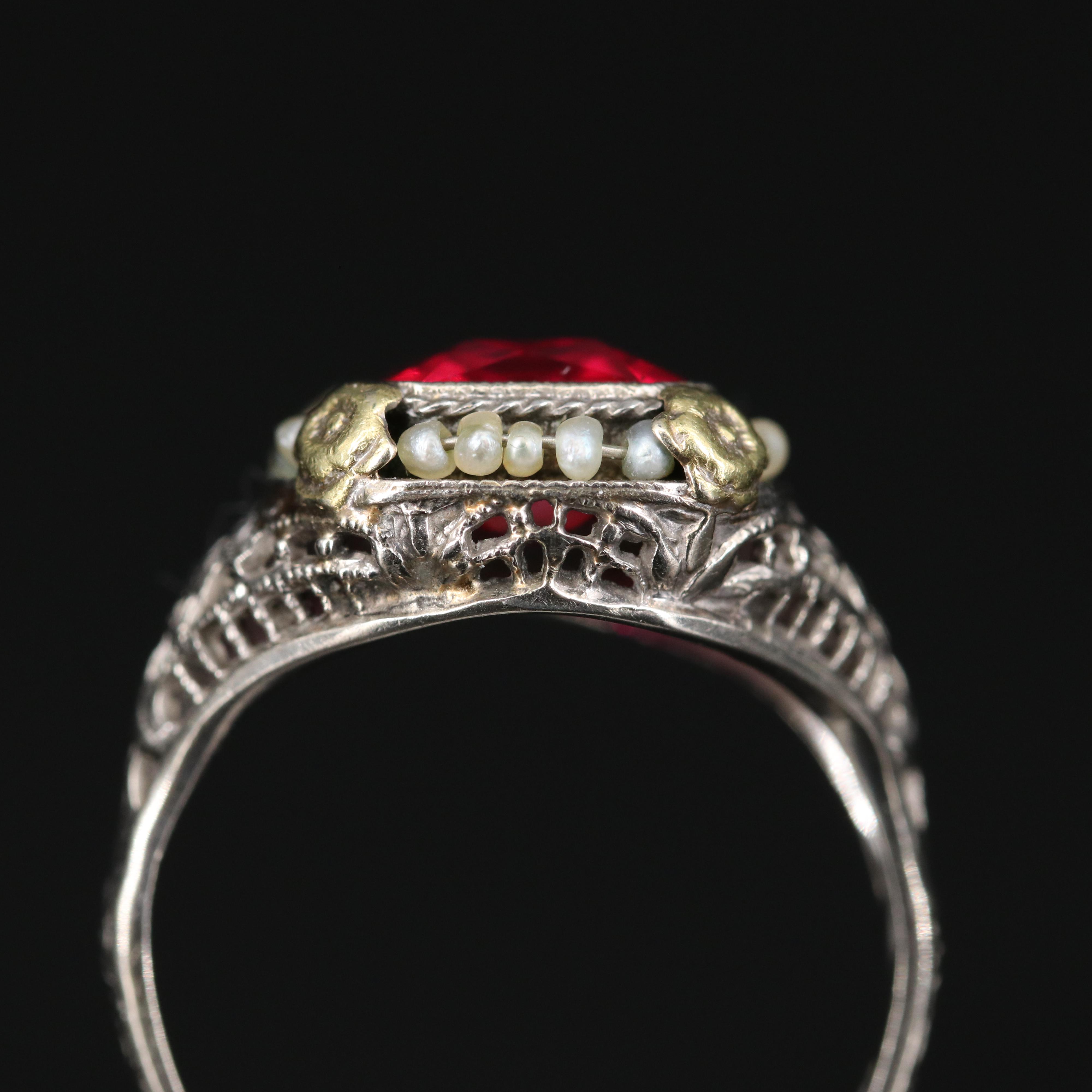 Early 1900s Ostby & Barton 10K Ruby and Seed Pearl Ring