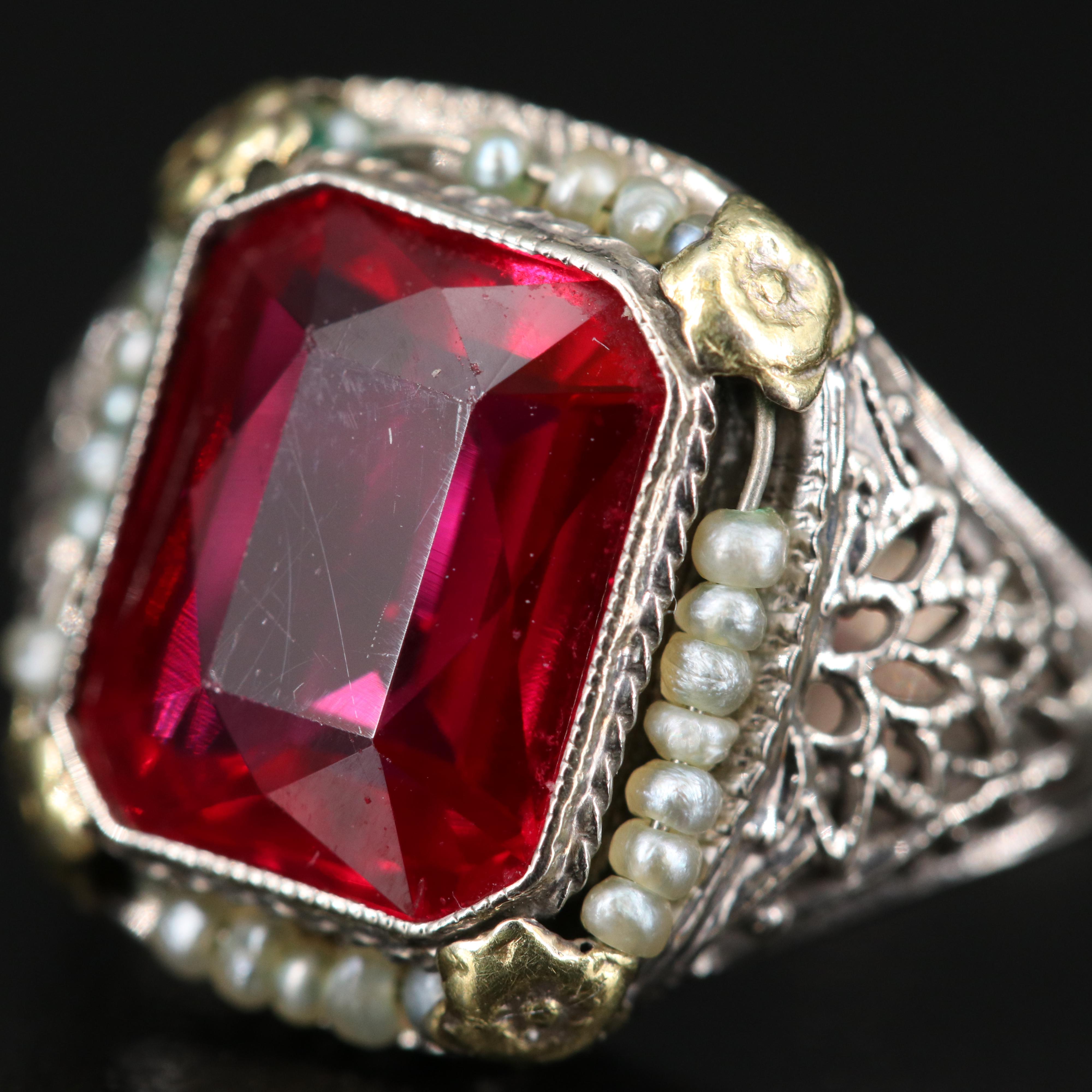Early 1900s Ostby & Barton 10K Ruby and Seed Pearl Ring