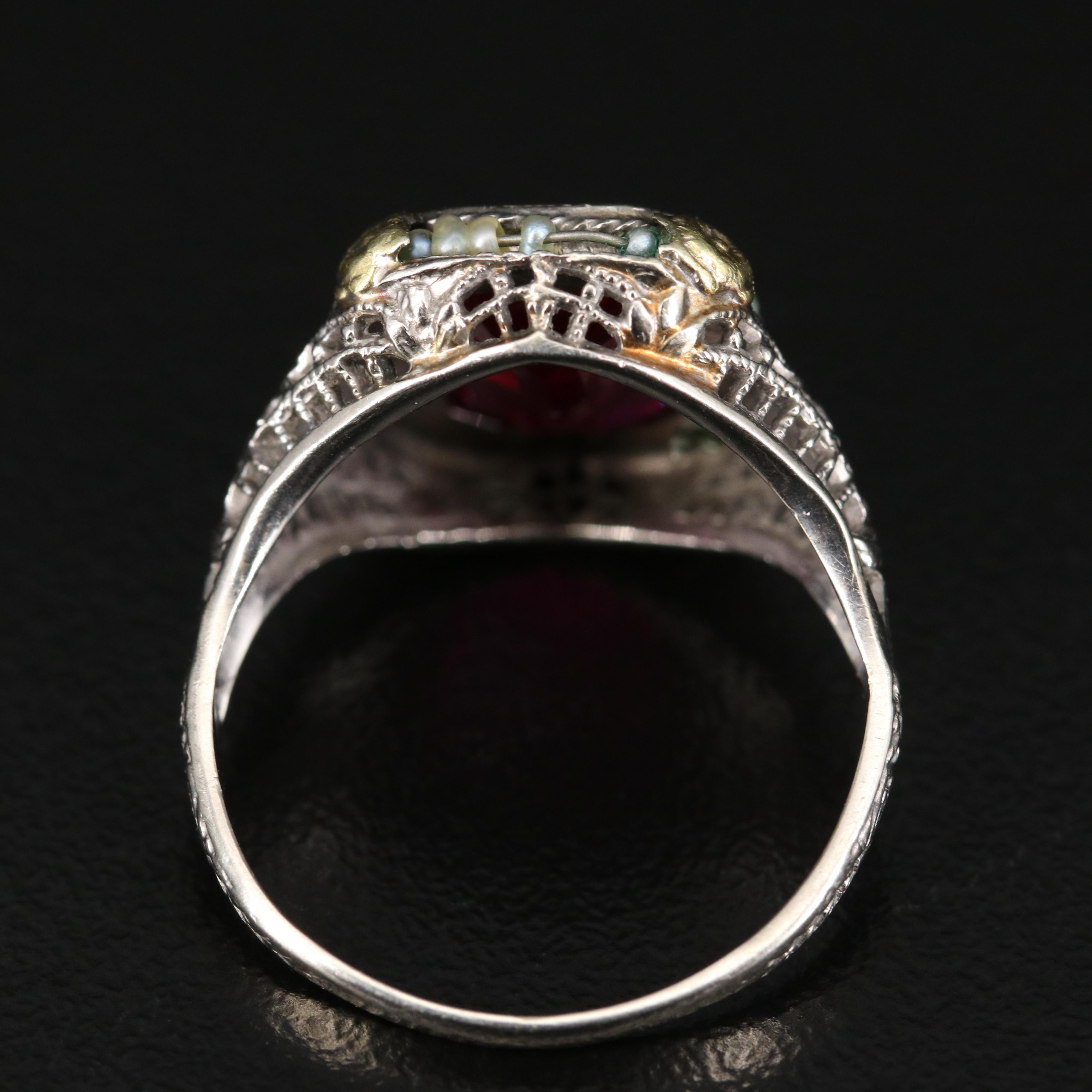 Early 1900s Ostby & Barton 10K Ruby and Seed Pearl Ring
