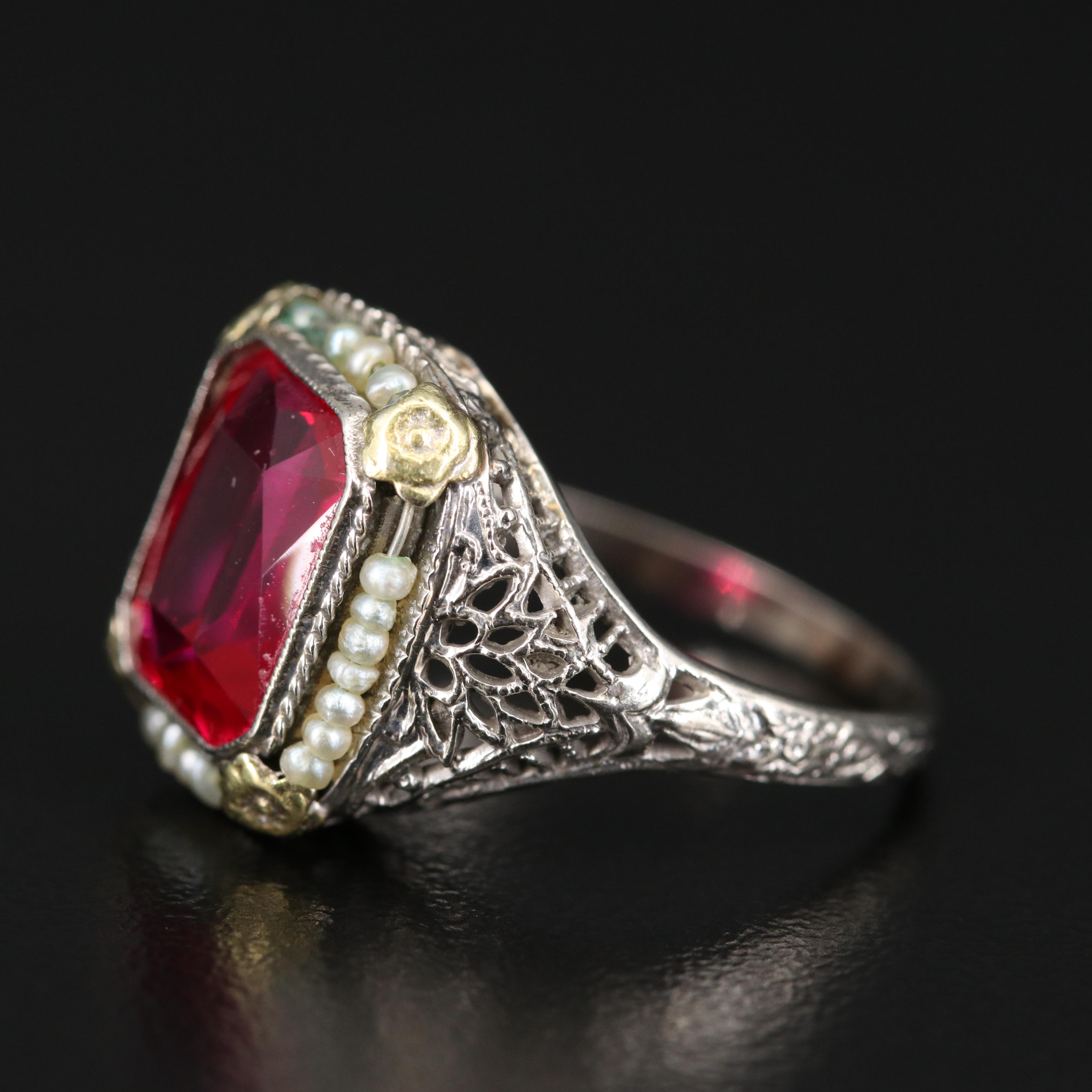 Early 1900s Ostby & Barton 10K Ruby and Seed Pearl Ring