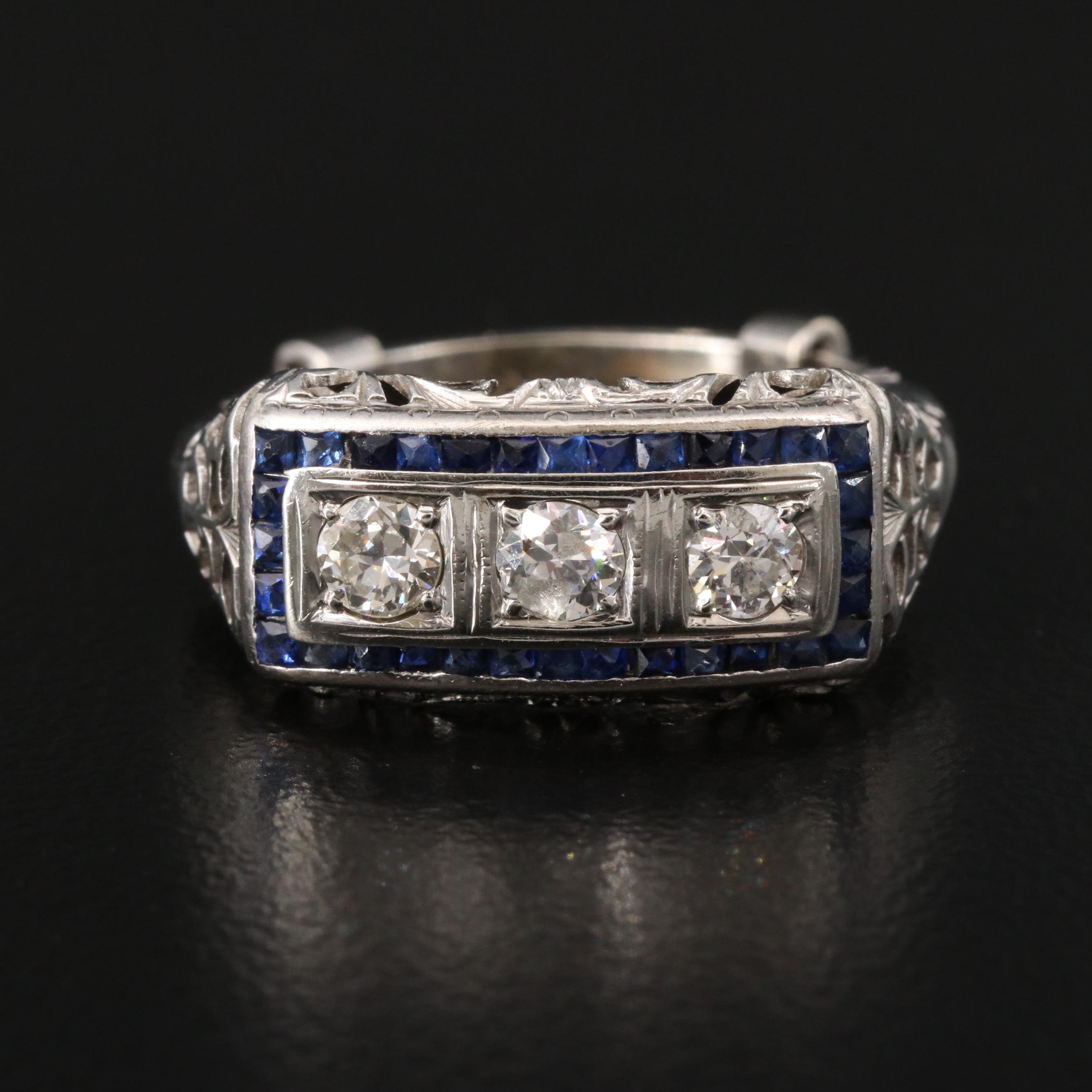 Art Deco Karlan & Bleicher Inc. 18K and 14K Diamond and Sapphire Ring