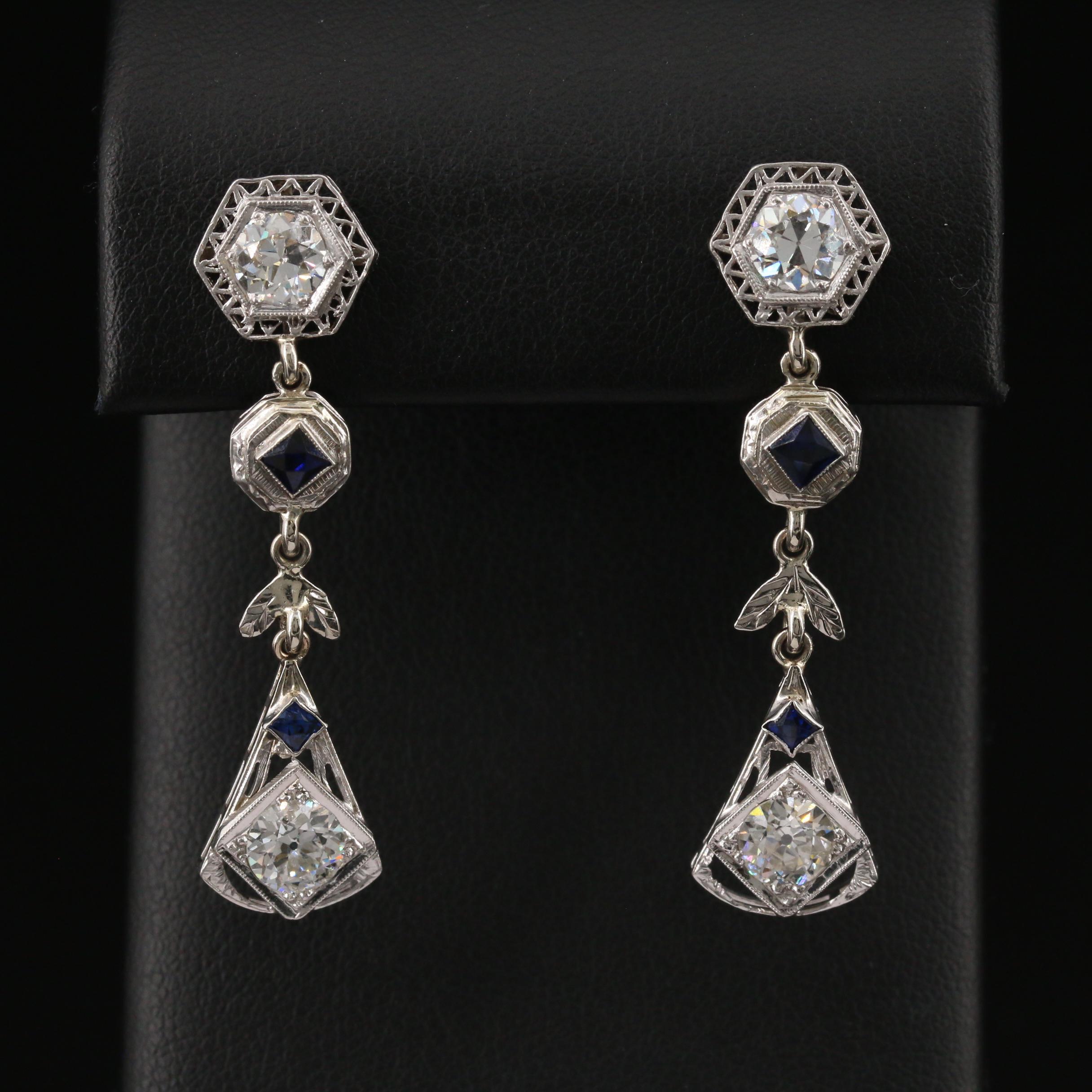 Art Deco Platinum, 18K and 14K 2.71 CTW Diamond and Sapphire Dangle Earrings