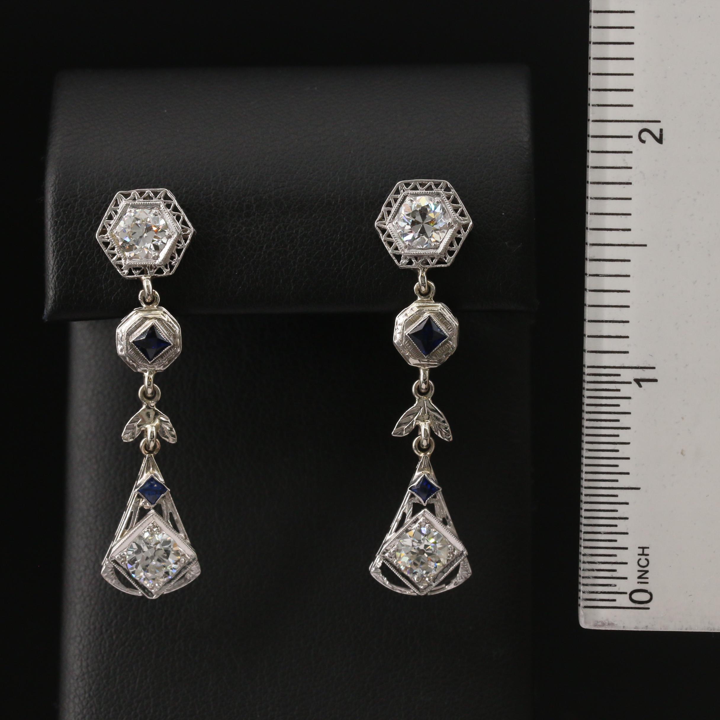 Art Deco Platinum, 18K and 14K 2.71 CTW Diamond and Sapphire Dangle Earrings