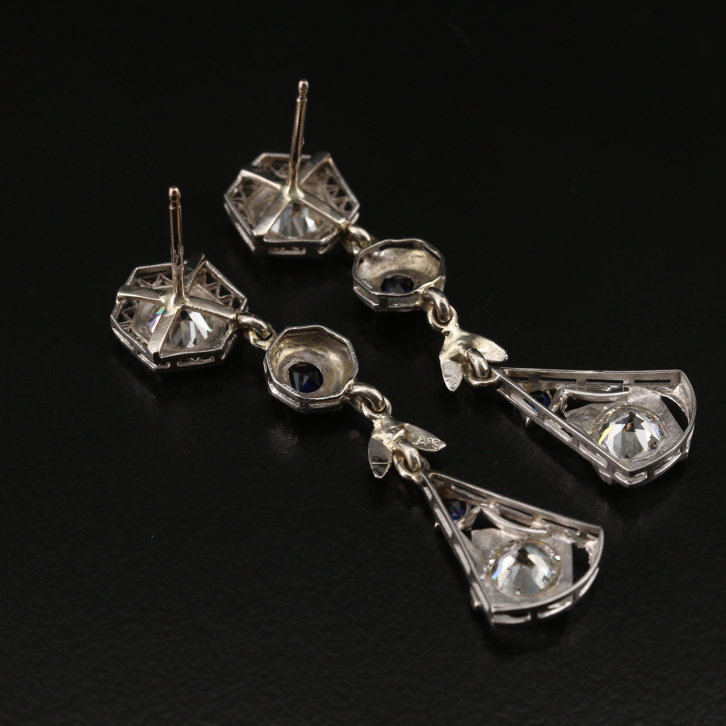 Art Deco Platinum, 18K and 14K 2.71 CTW Diamond and Sapphire Dangle Earrings