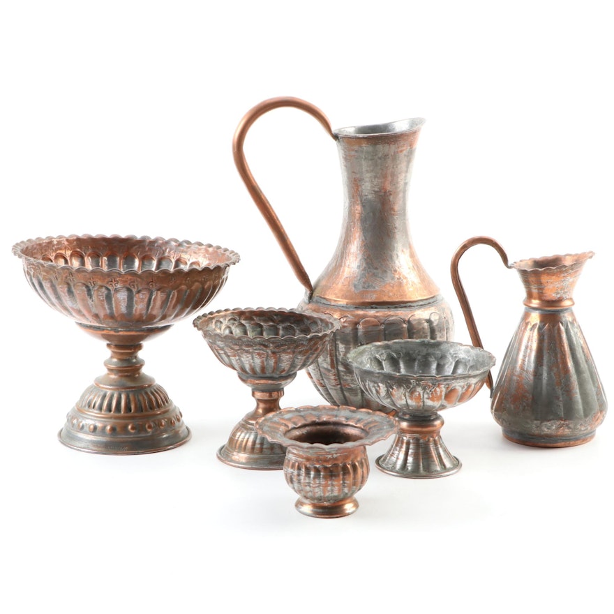 Egyptian Tinned Copper Compotes and Pitchers, Mid to Late 20th Century