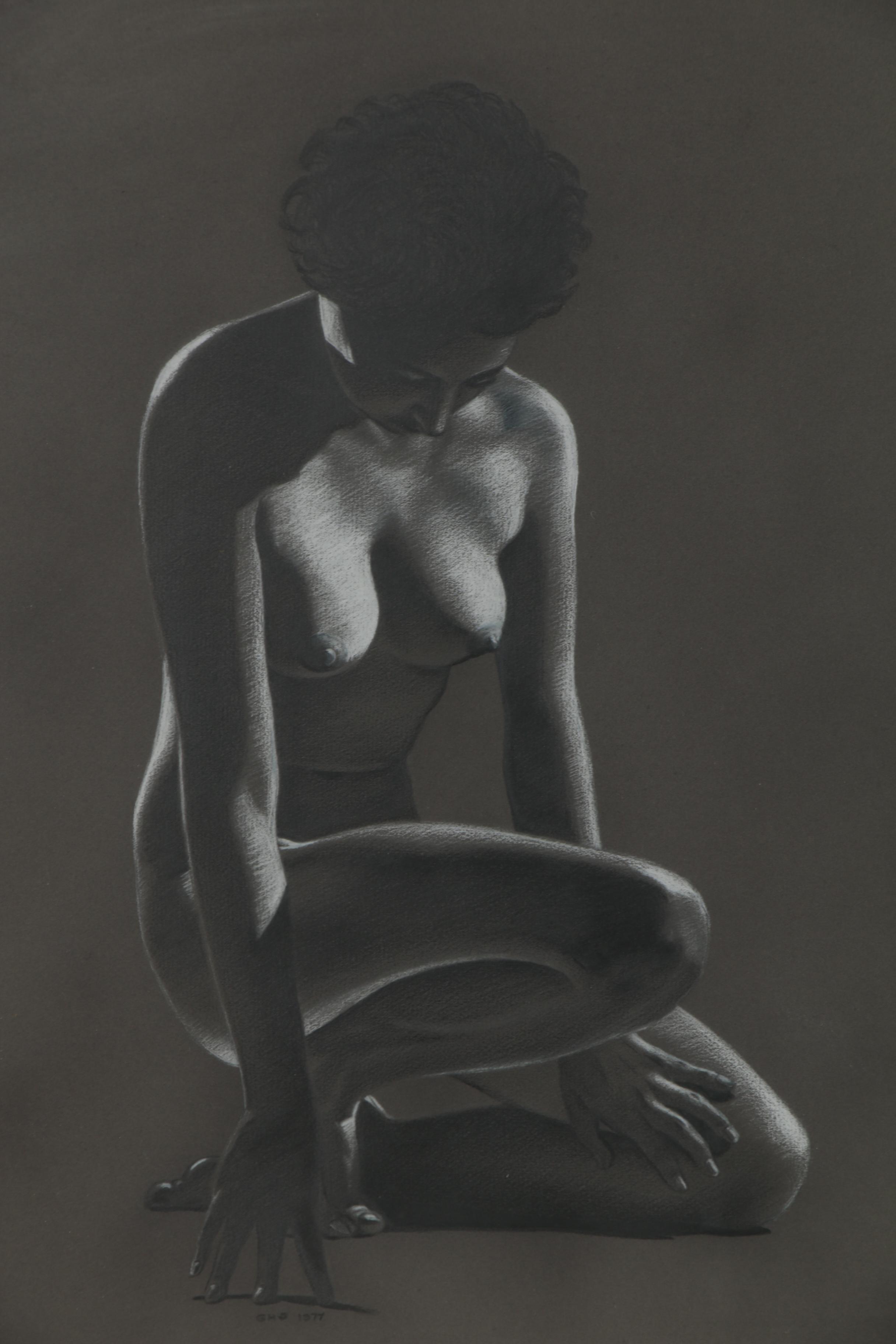 G.H.O. Studio Charcoal and Pastel Drawing of Posed Nude, 1977