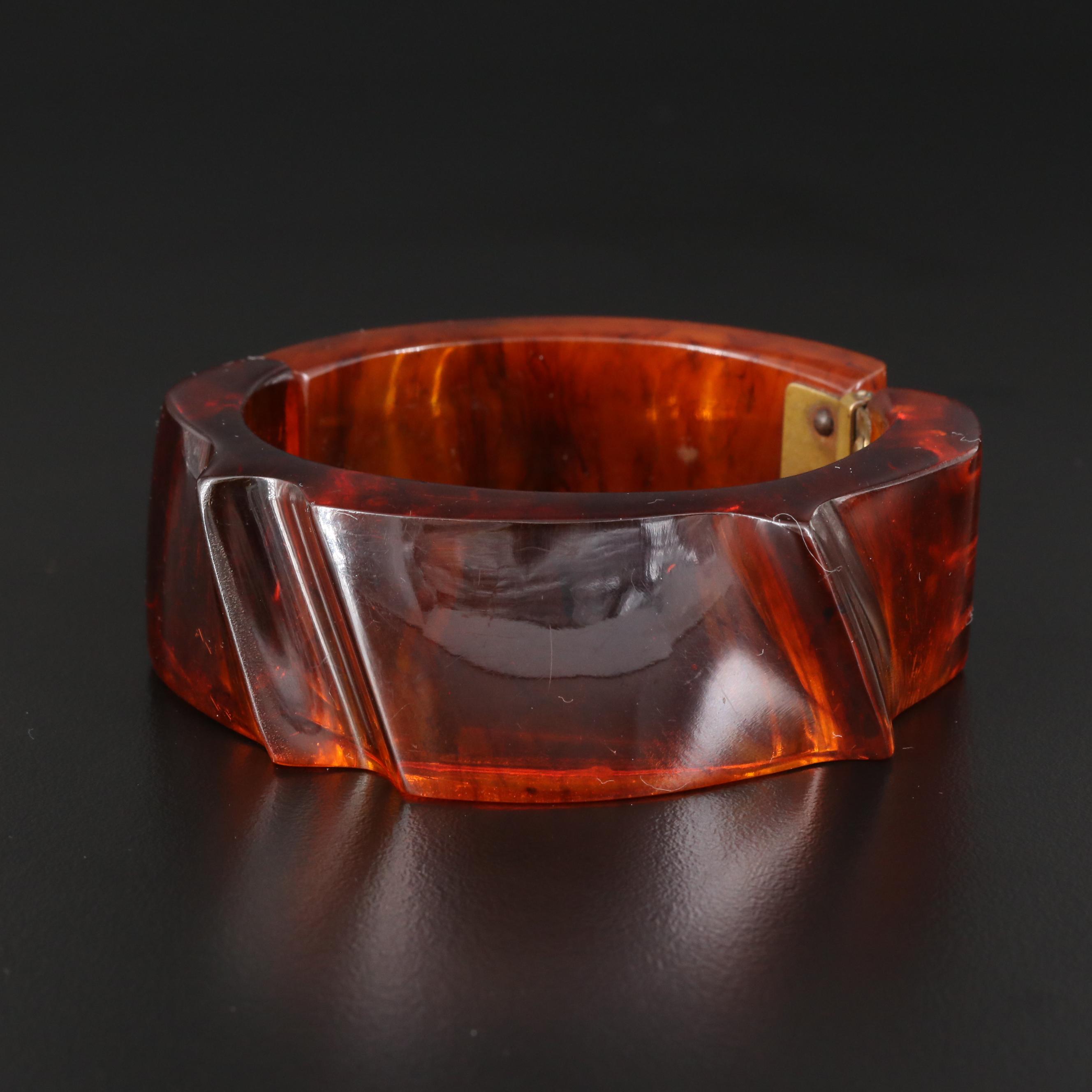 Vintage Carved "Root Beer" Bakelite Hinged Bangle Bracelet