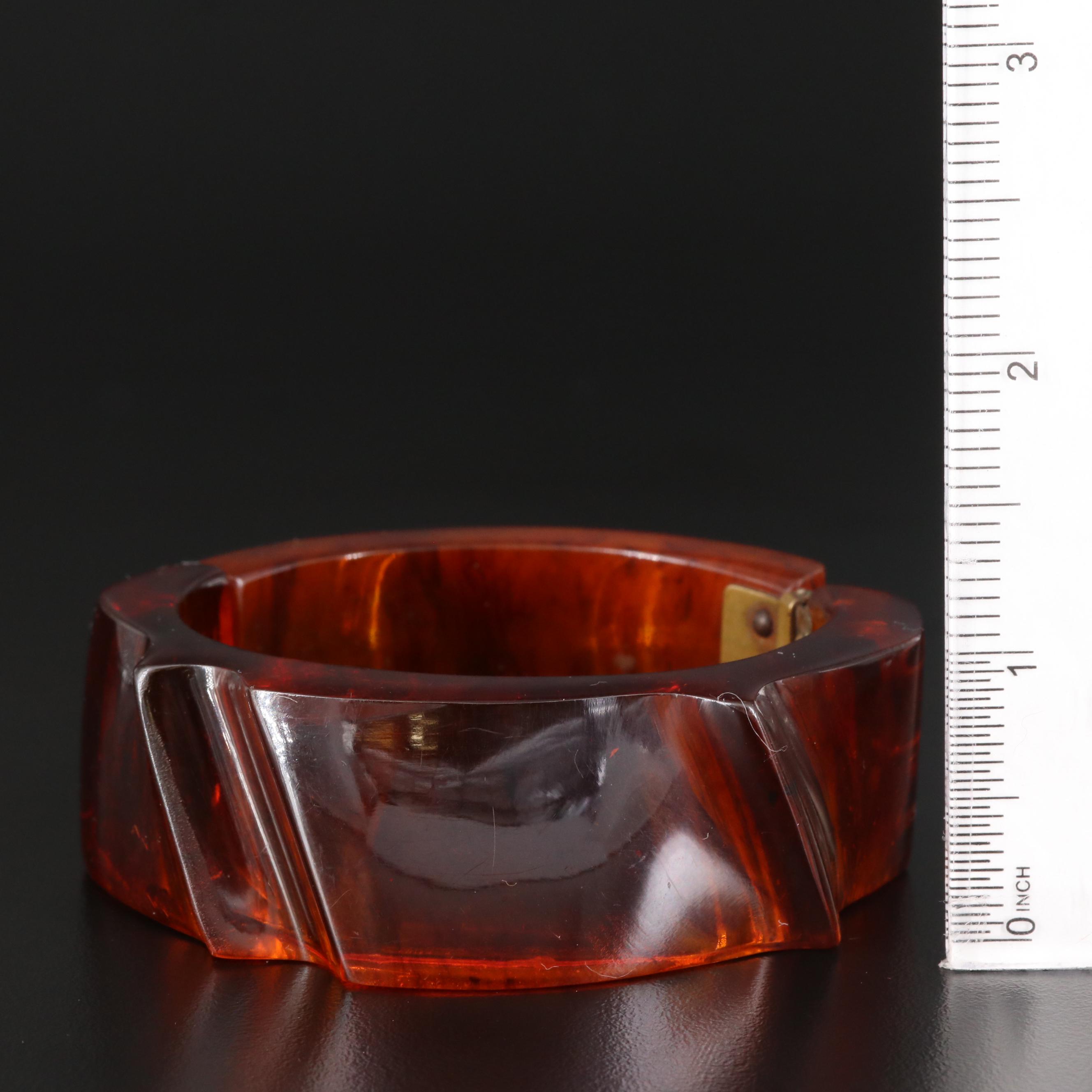 Vintage Carved "Root Beer" Bakelite Hinged Bangle Bracelet