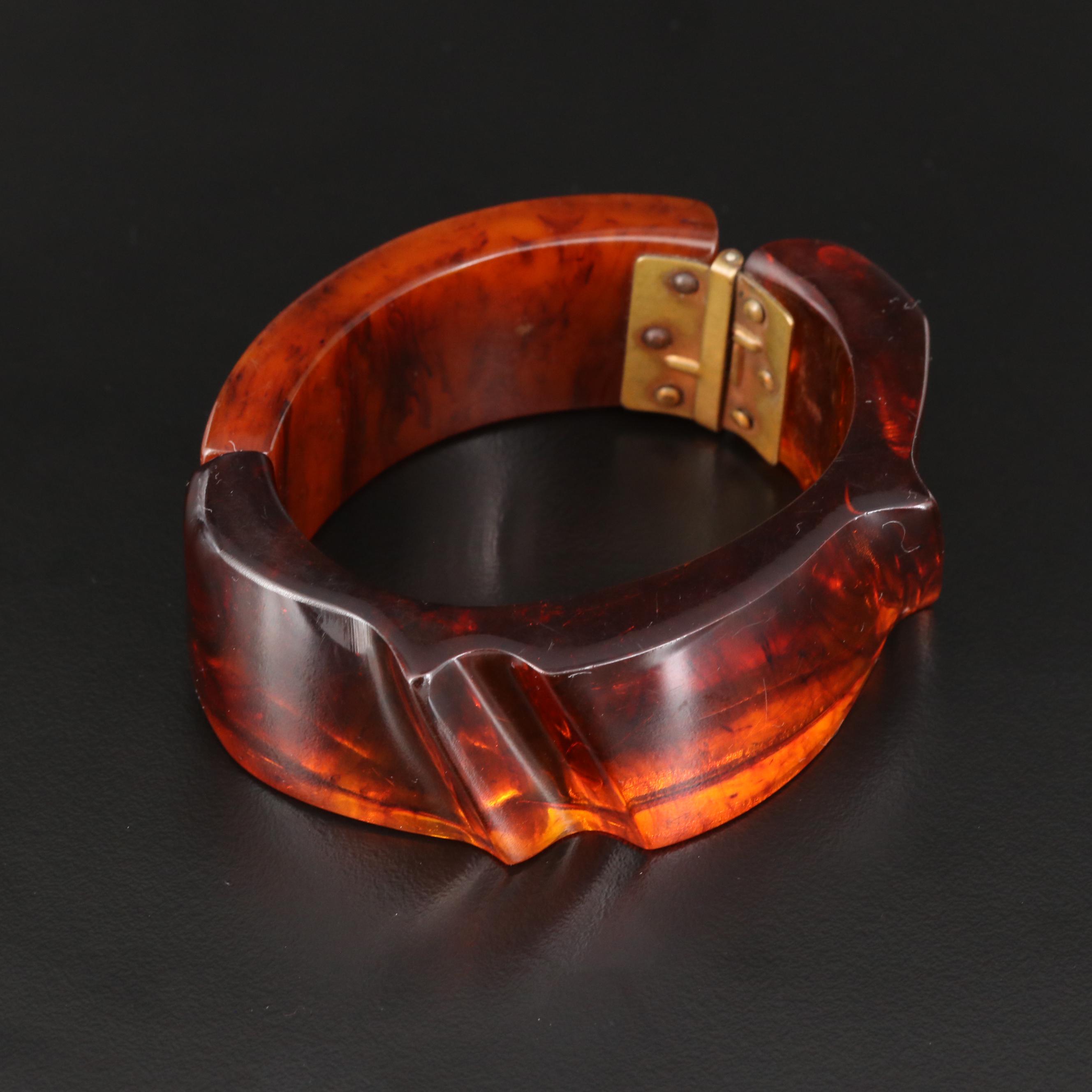 Vintage Carved "Root Beer" Bakelite Hinged Bangle Bracelet