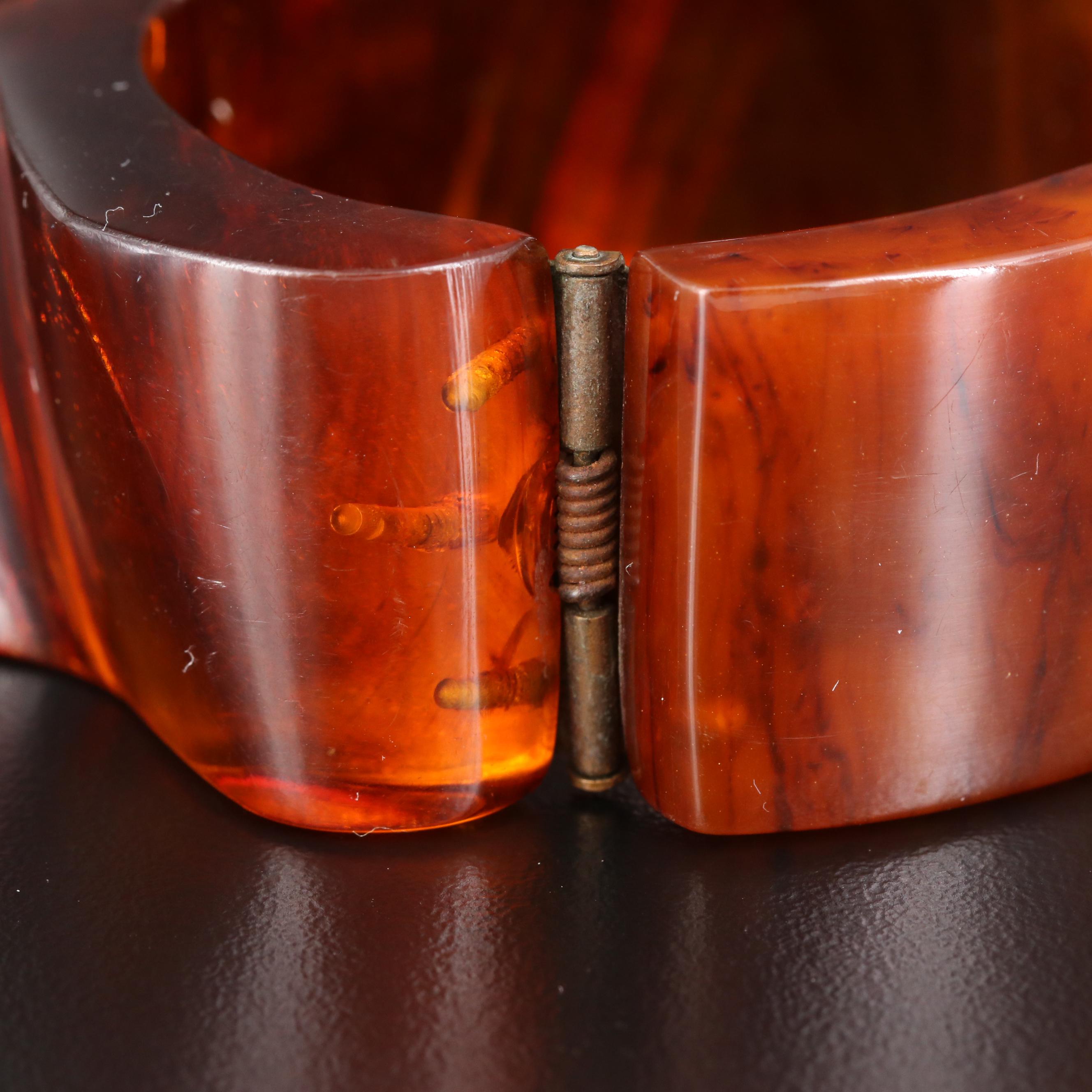 Vintage Carved "Root Beer" Bakelite Hinged Bangle Bracelet