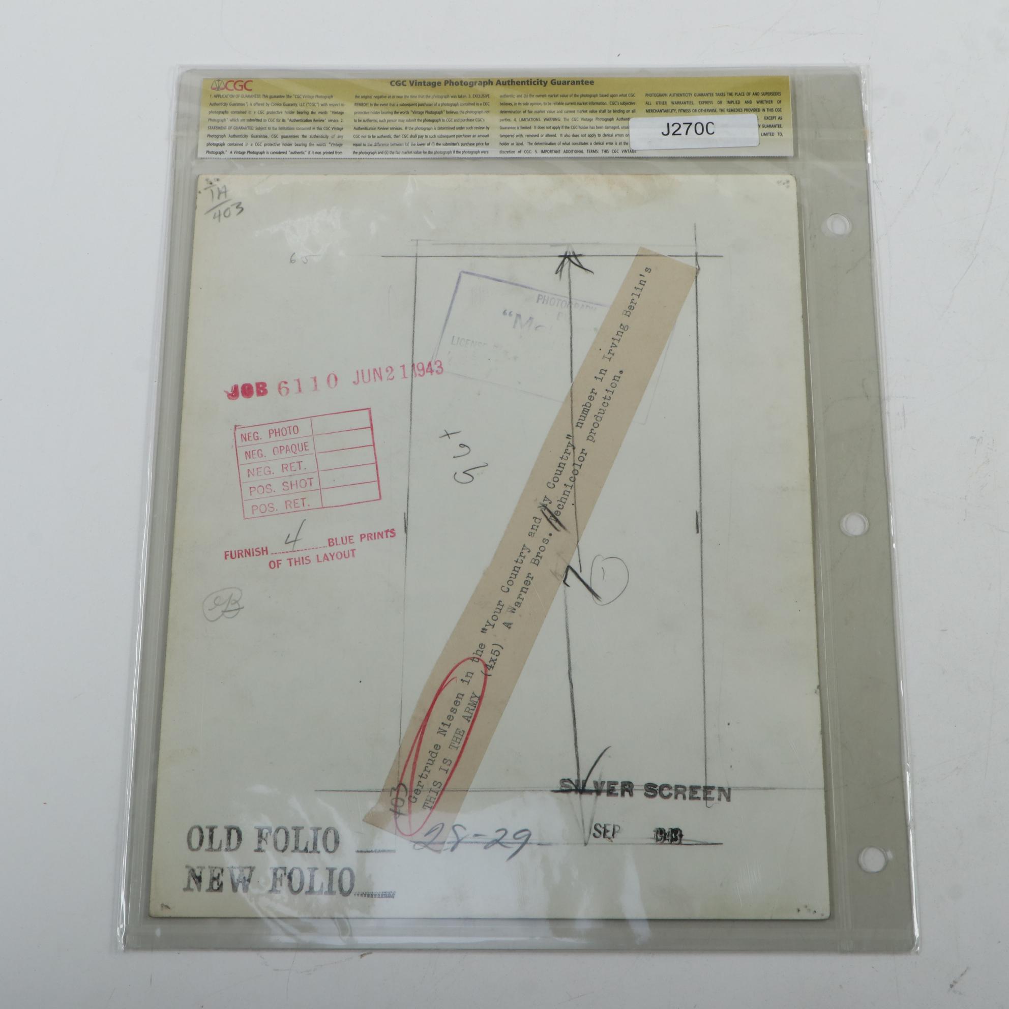 CGC Certified Gertrude Niesen "This is the Army" Photo, with Souvenir Book, More