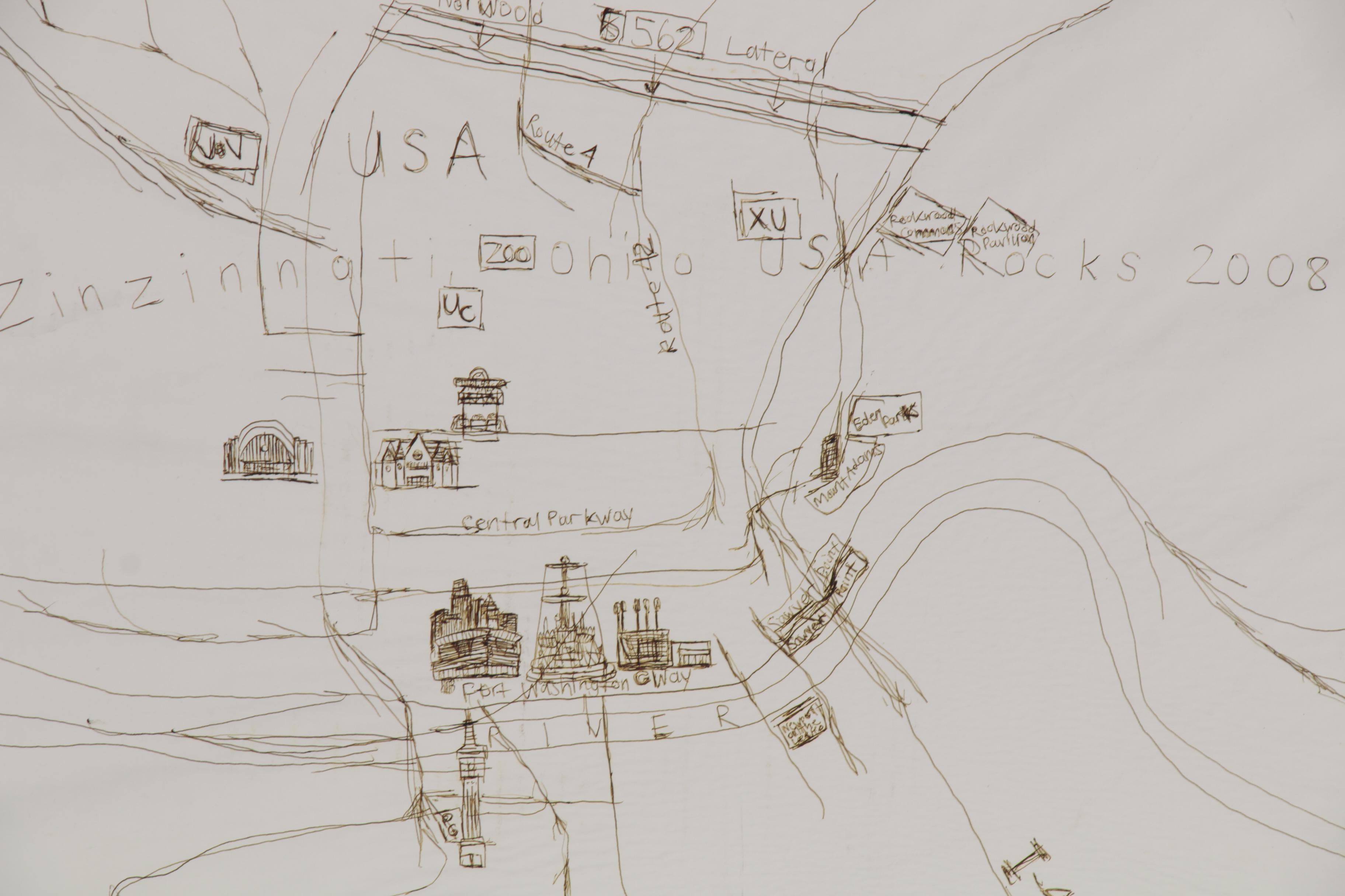 Courttney Cooper Large-Scale Ink Drawing Map "Zinzinnati, Ohio USA Rocks," 2008