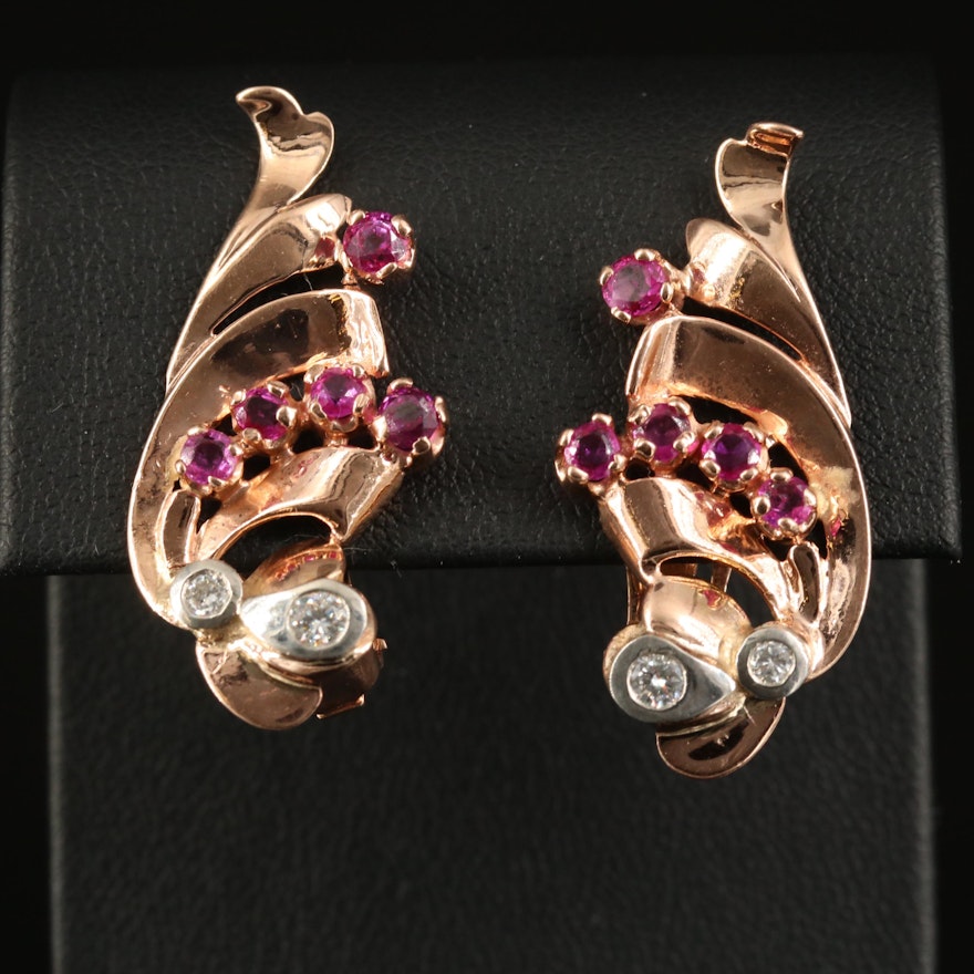 Retro Style 14K Rose Gold Diamond and Ruby Earring with Palladium Accents